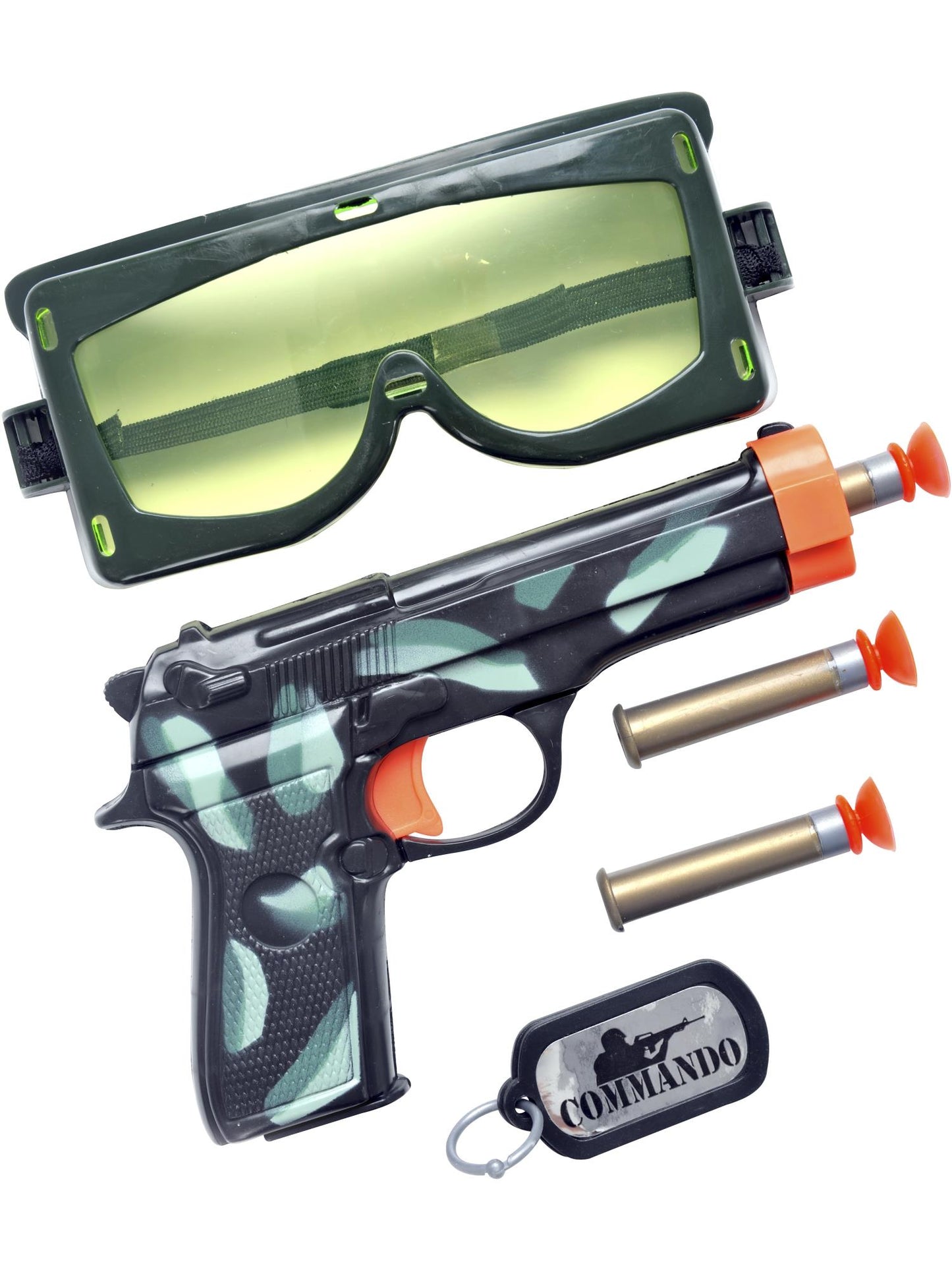Panoplie de militaire, avec arme, balles, lunettes et plaque d'identité