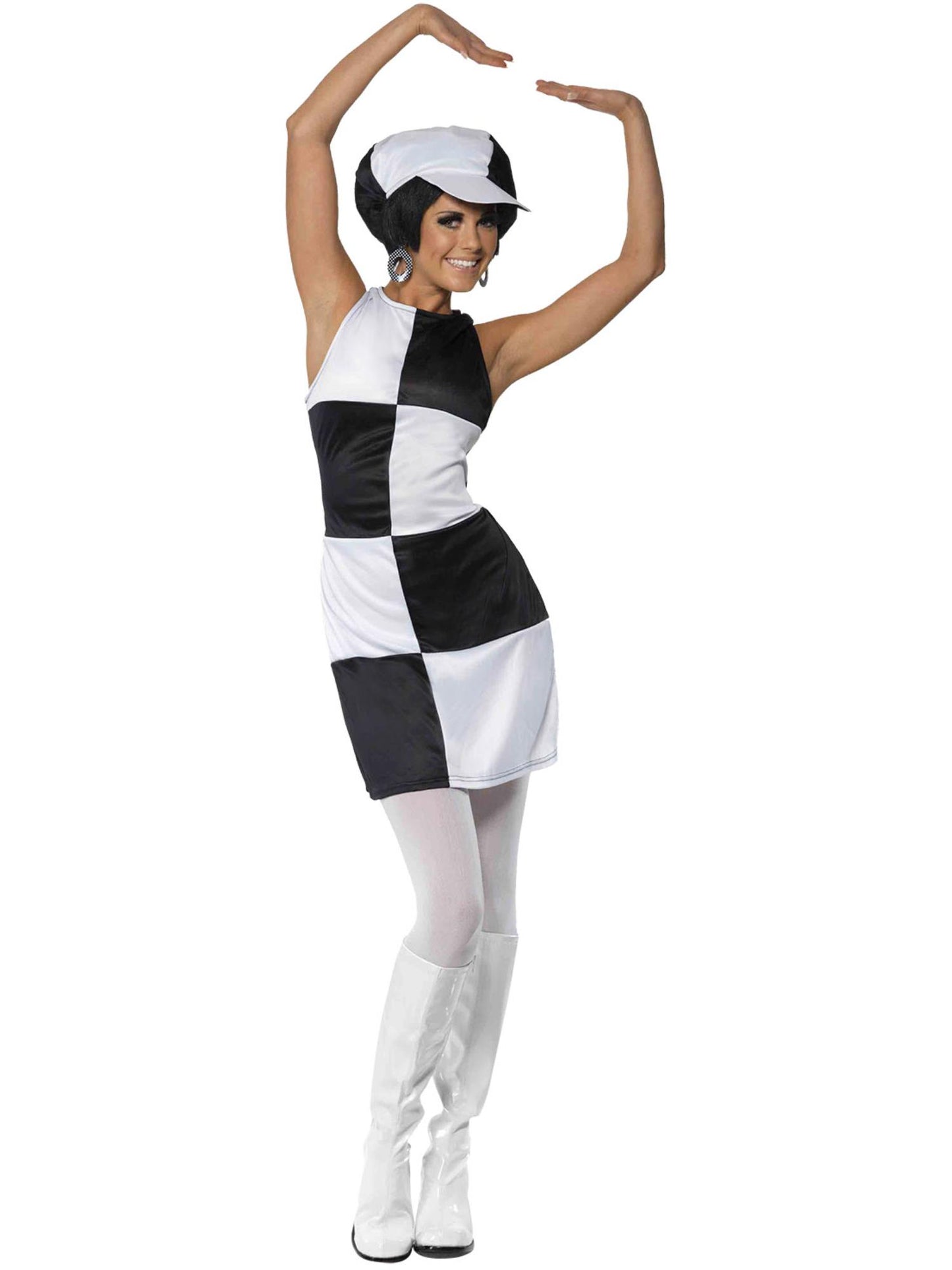 1960er Partygirl Kostüm, Schwarz und Weiß, mit Kleid und Mütze