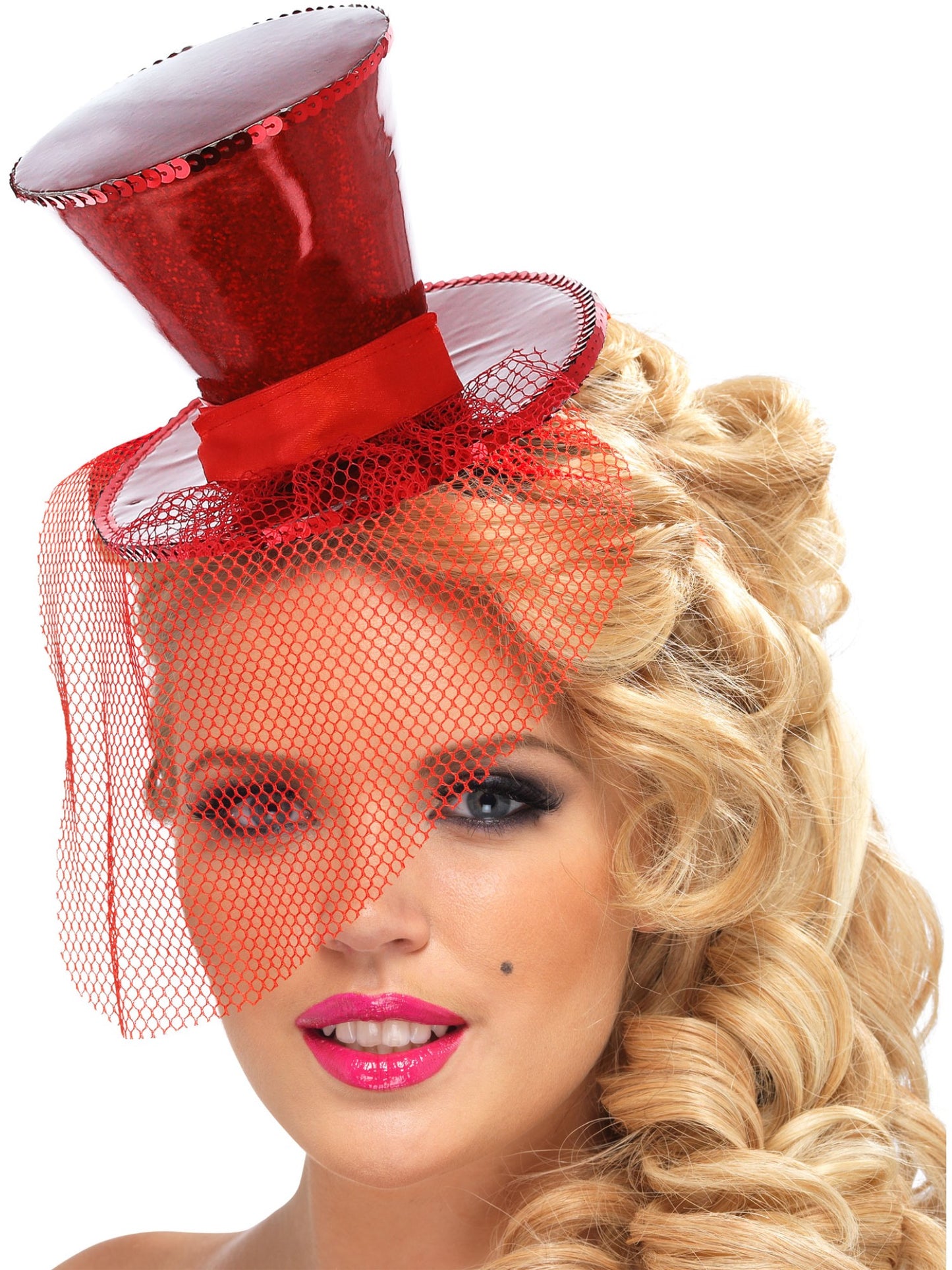 Serre-tête sexy avec mini haut de forme, rouge, avec voilette détachable