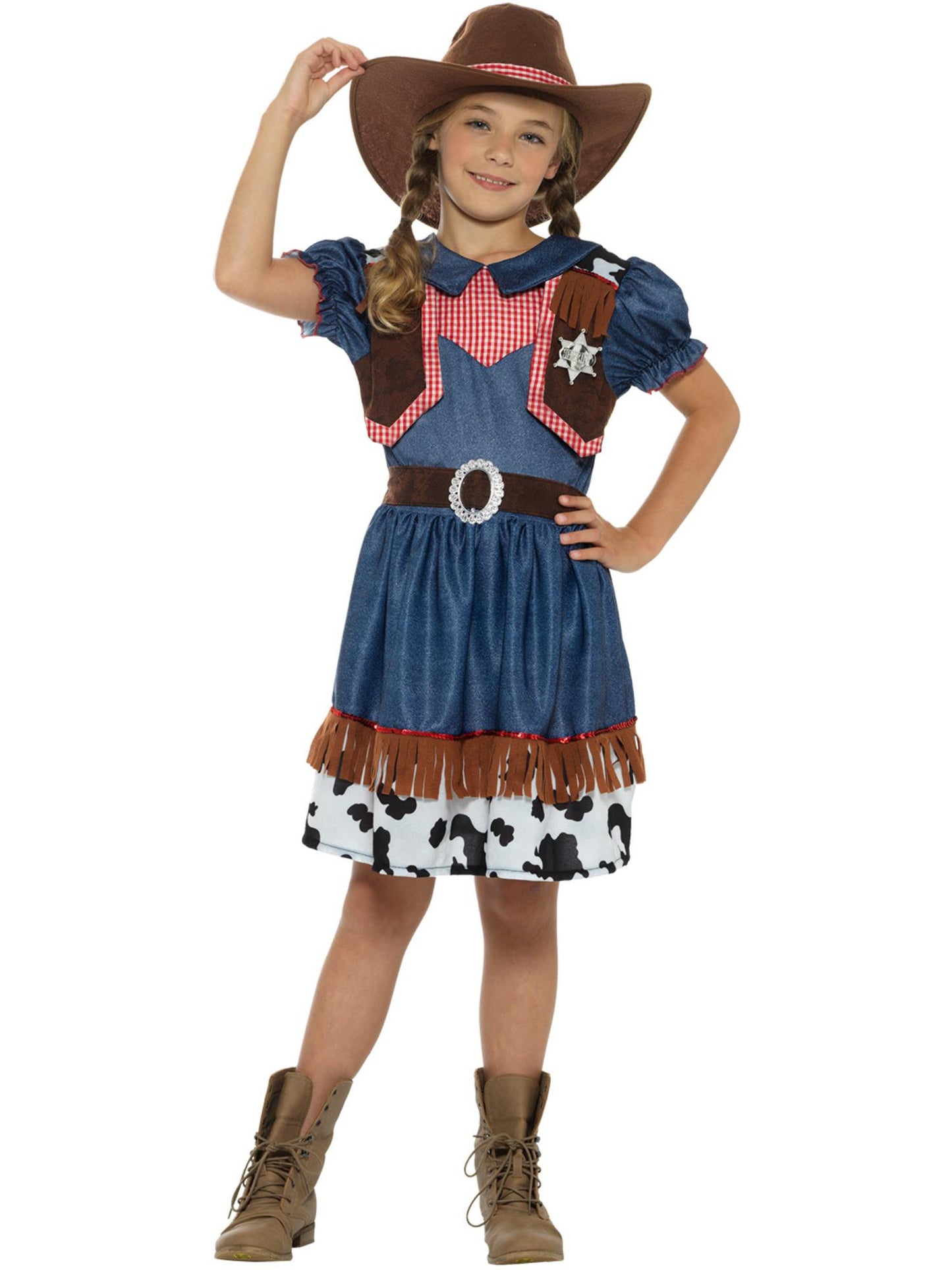 Costume cowgirl texane, bleu, avec robe, gilet attaché et chapeau