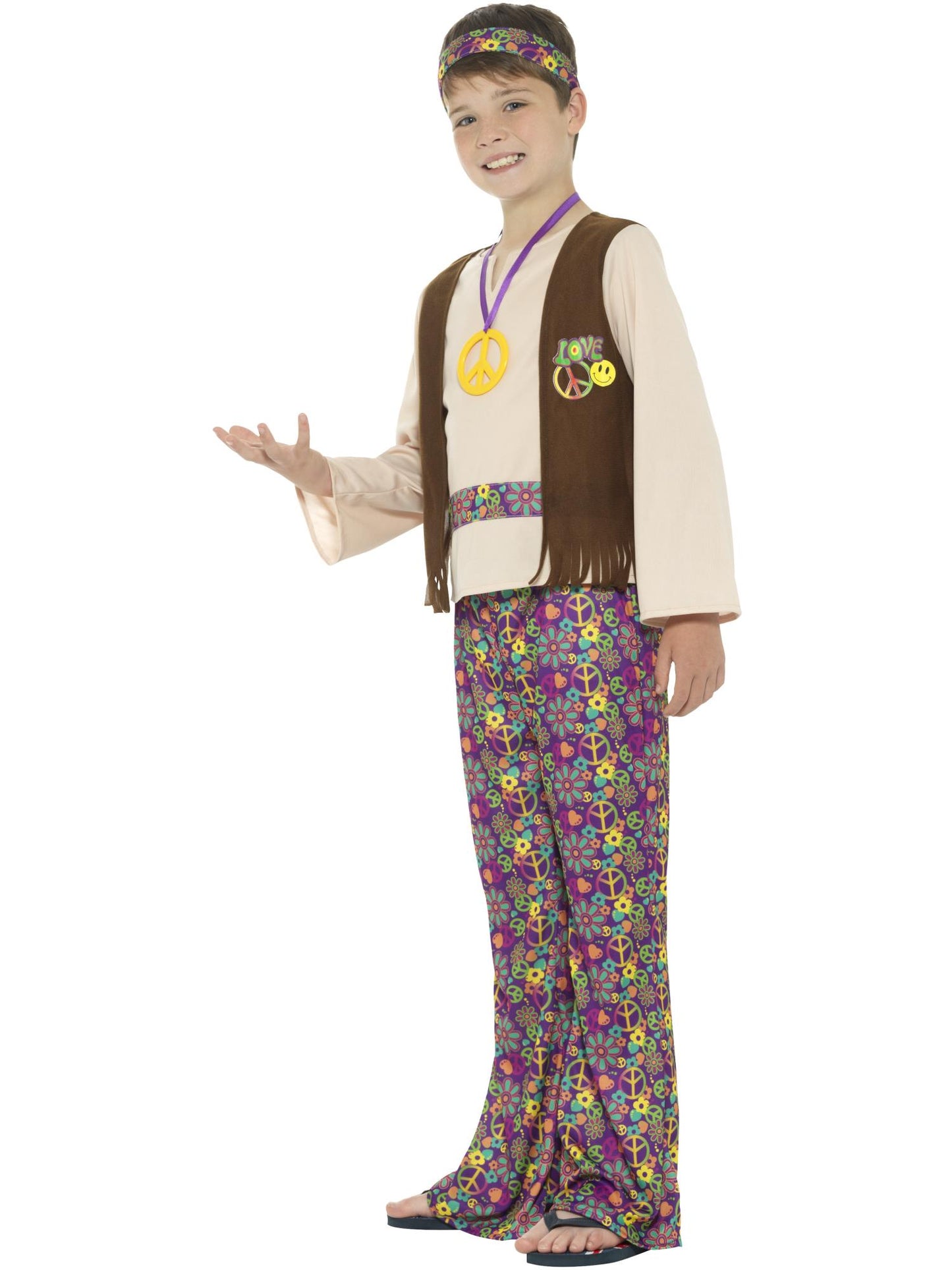 Disfraz de hippy para chico, multicolor, con camiseta, chaleco cosido, pantalones, medallón y cinta para la cabeza