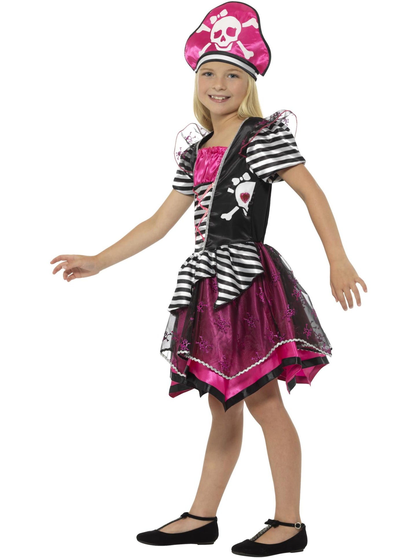 Perfektes Piratenmadchen-Kostum, Schwarz und Pink, mit Kleid und Hut