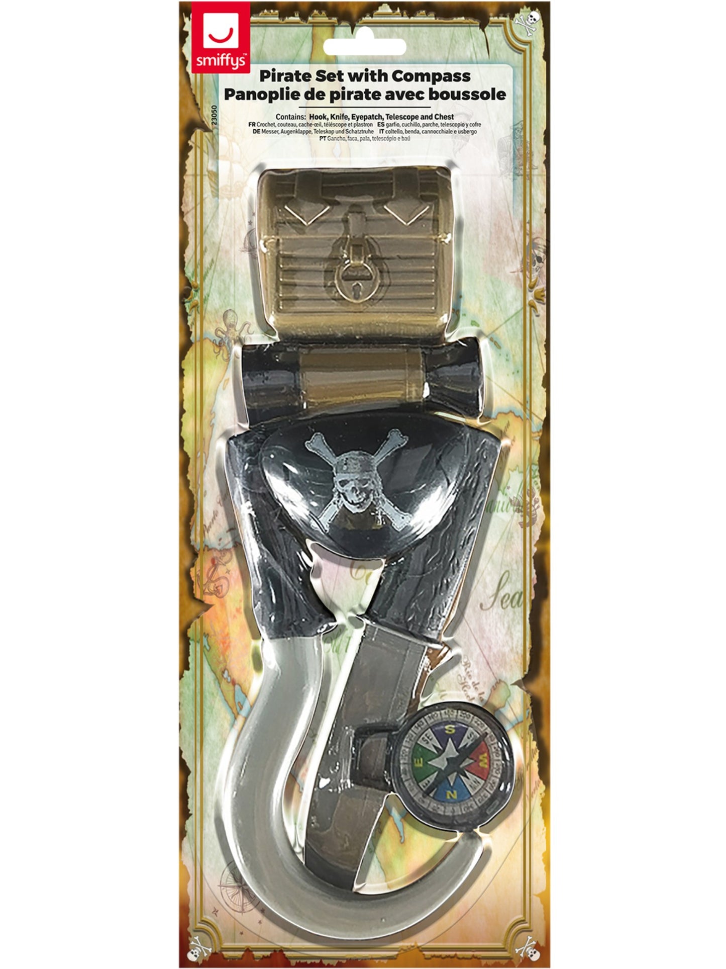 Set de pirata con brújula, garfio, cuchillo, parche, telescopio y cofre