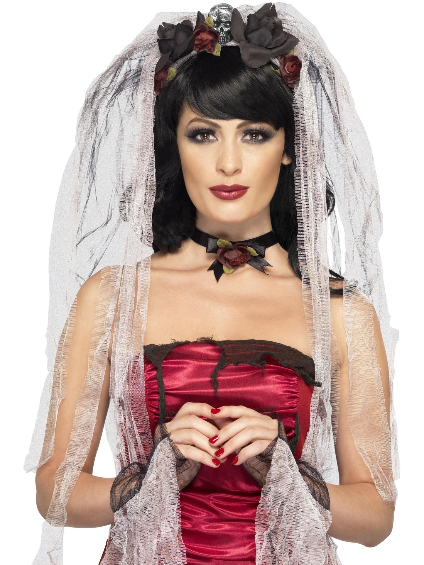 Kit de novia gótica, con velo de rosas y calaveras, gargantilla y guantes