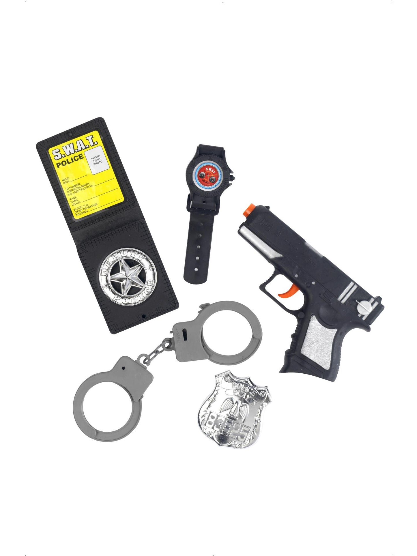 Panoplie de policier avec arme, menottes, insigne et montre