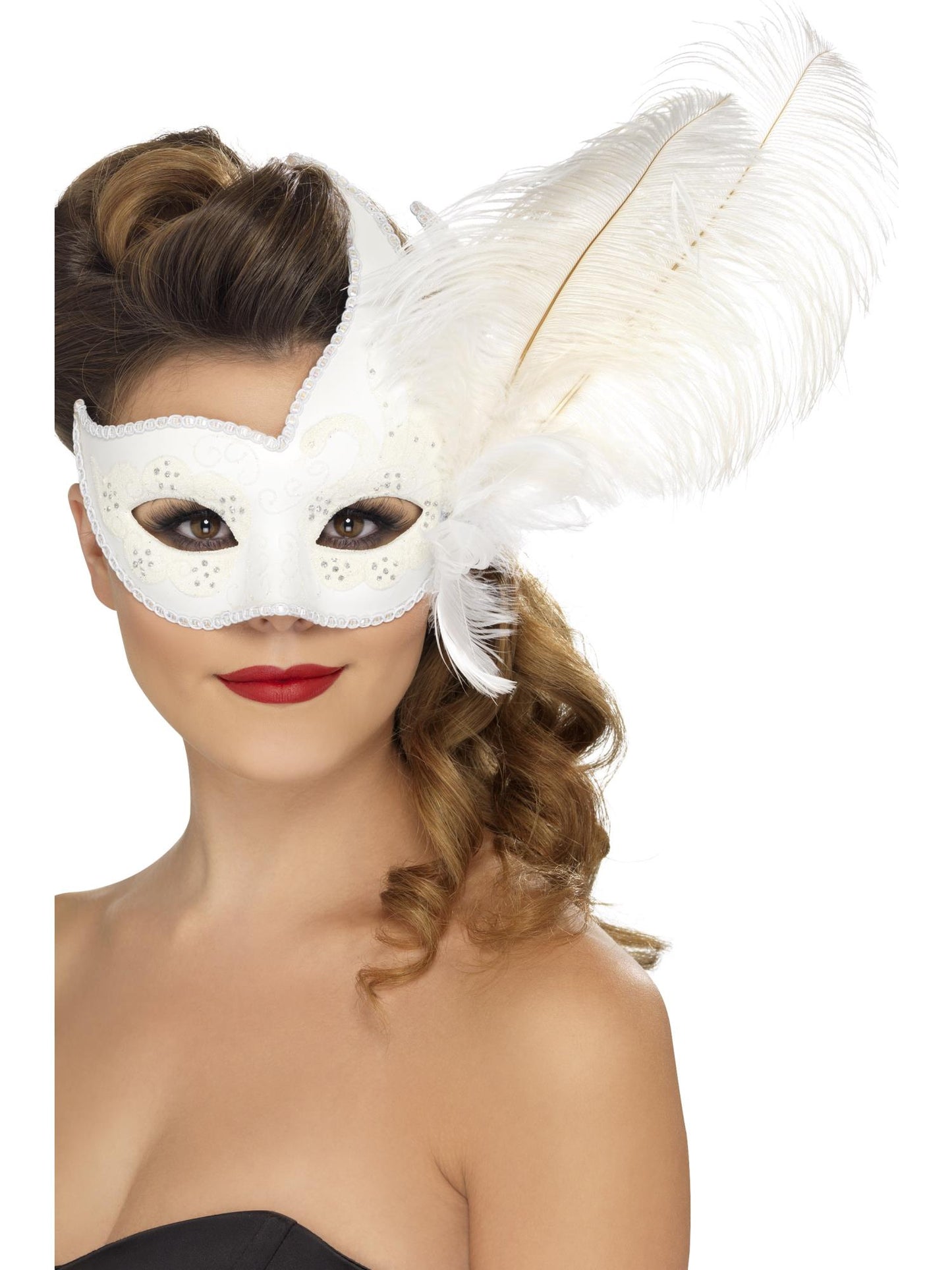 Masque de colombine orné, blanc, avec plume