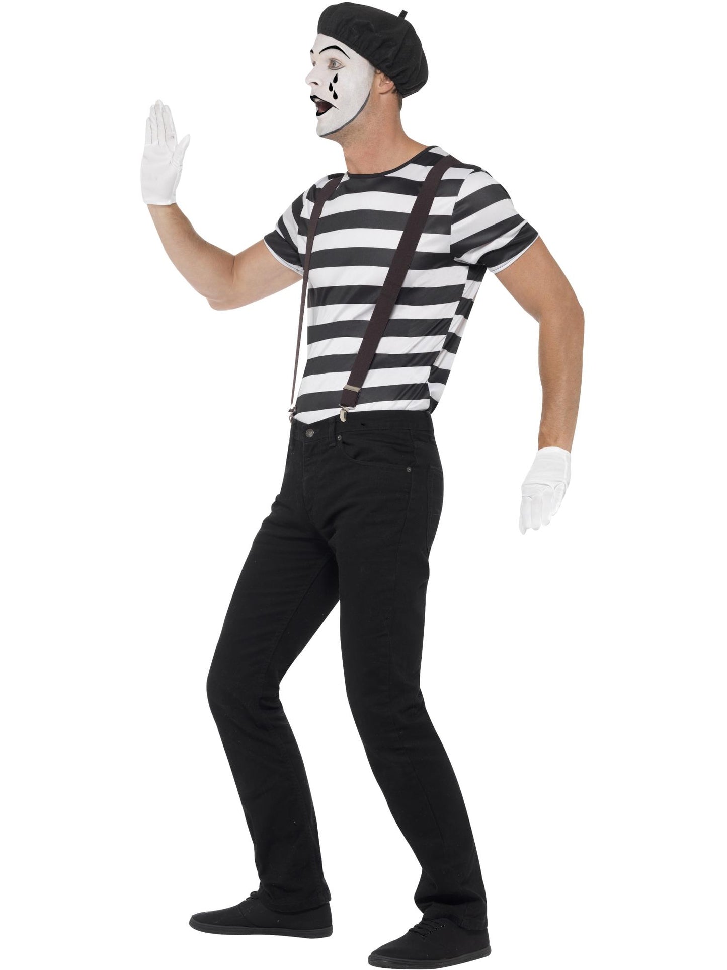 Costume mime homme, Noir, avec haut, béret, gants, bretelles et maquillage
