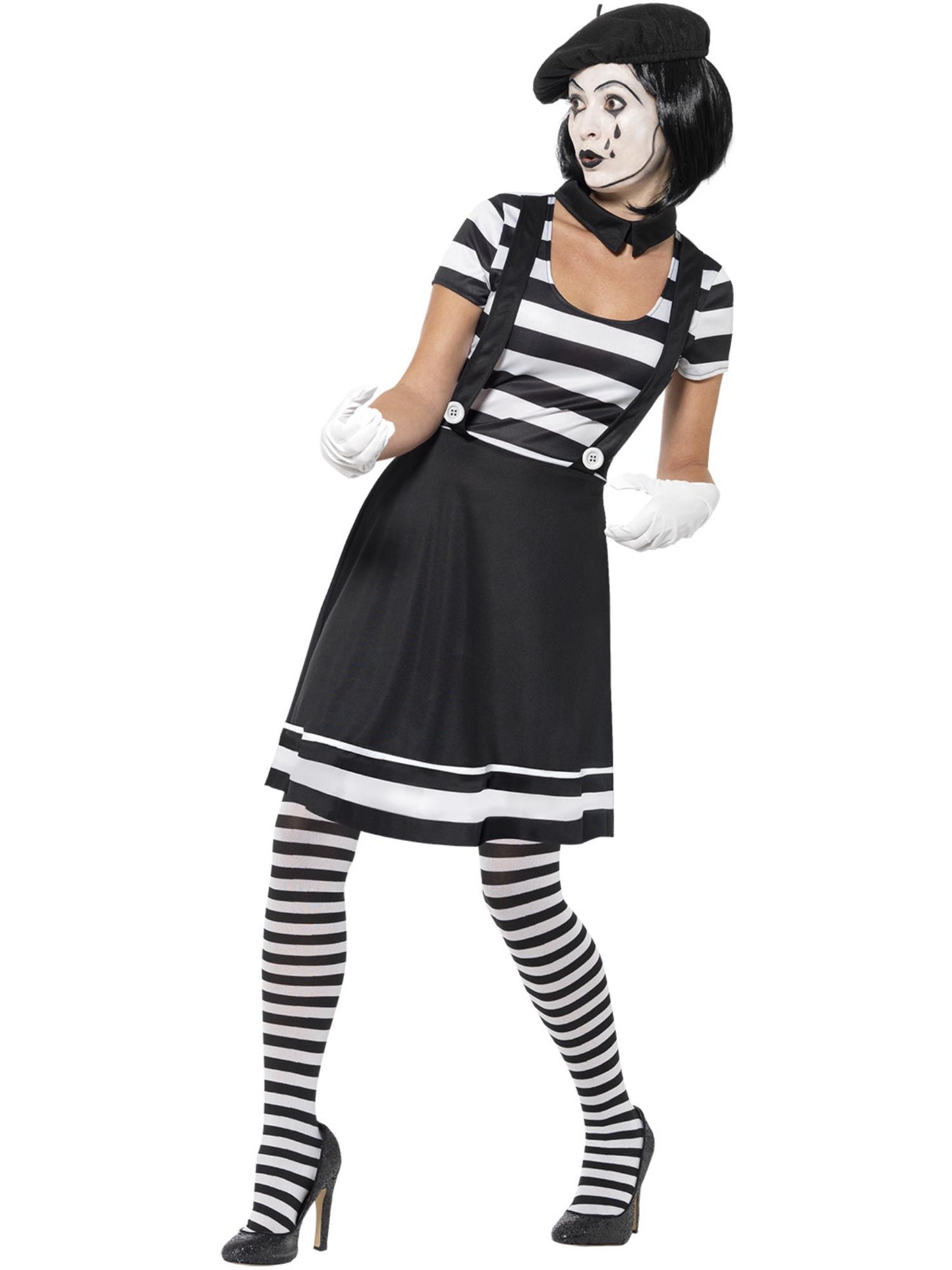 Costume mime femme, Noir, Robe, col, béret, gants, collants et maquillage