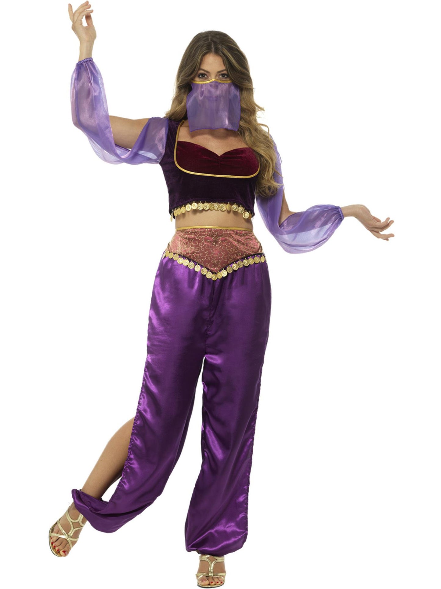 Disfraz de princesa árabe, morado, con pantalones, camiseta y velo