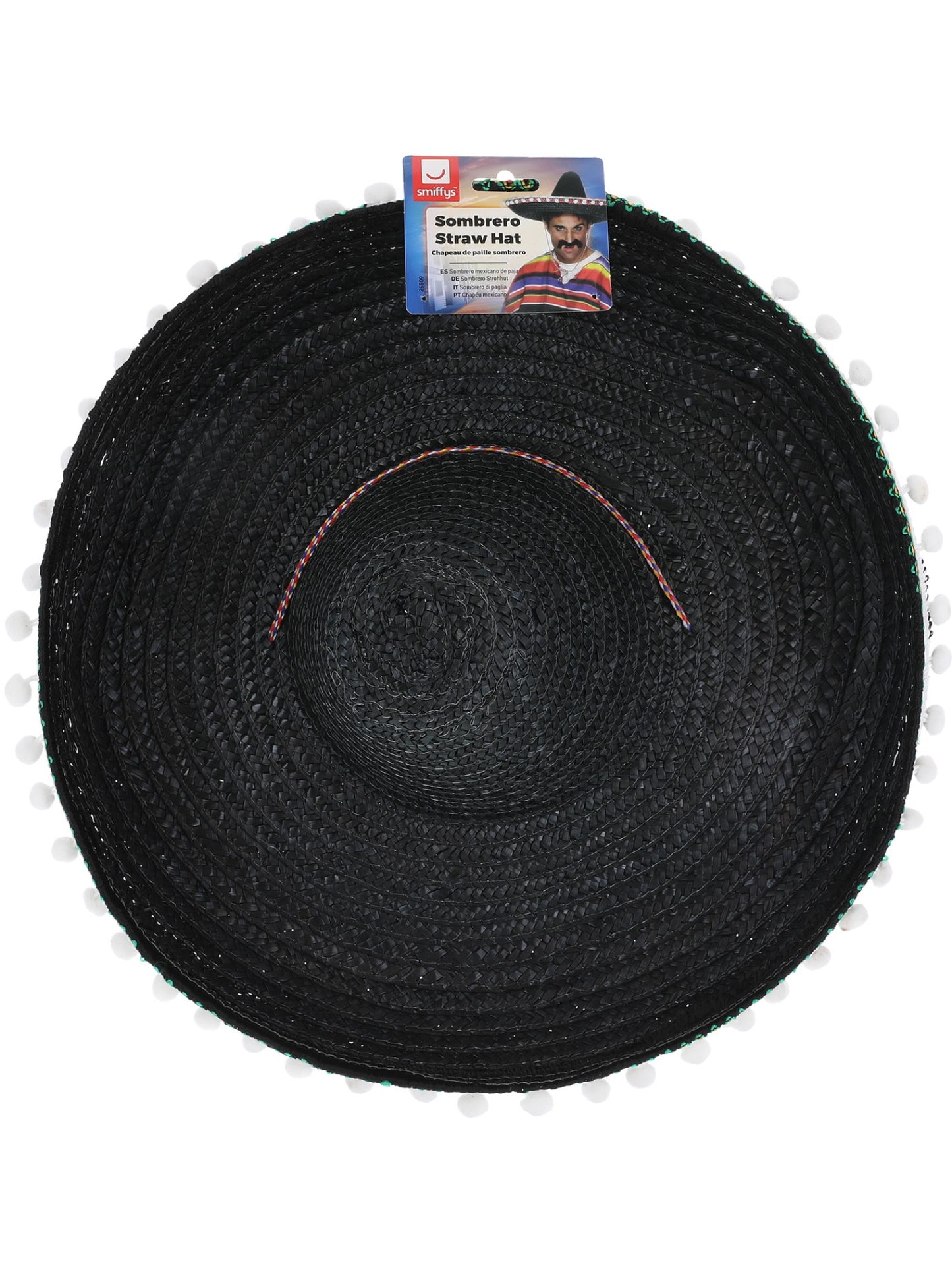 Sombrero Strohhut, Schwarz, mit Bommeln und Halskordel