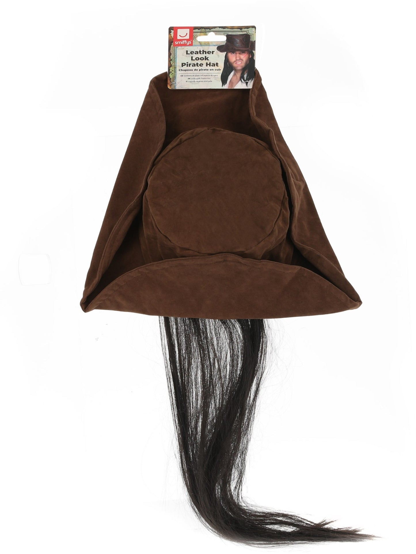 Chapeau de pirate en cuir, marron, avec cheveux noirs