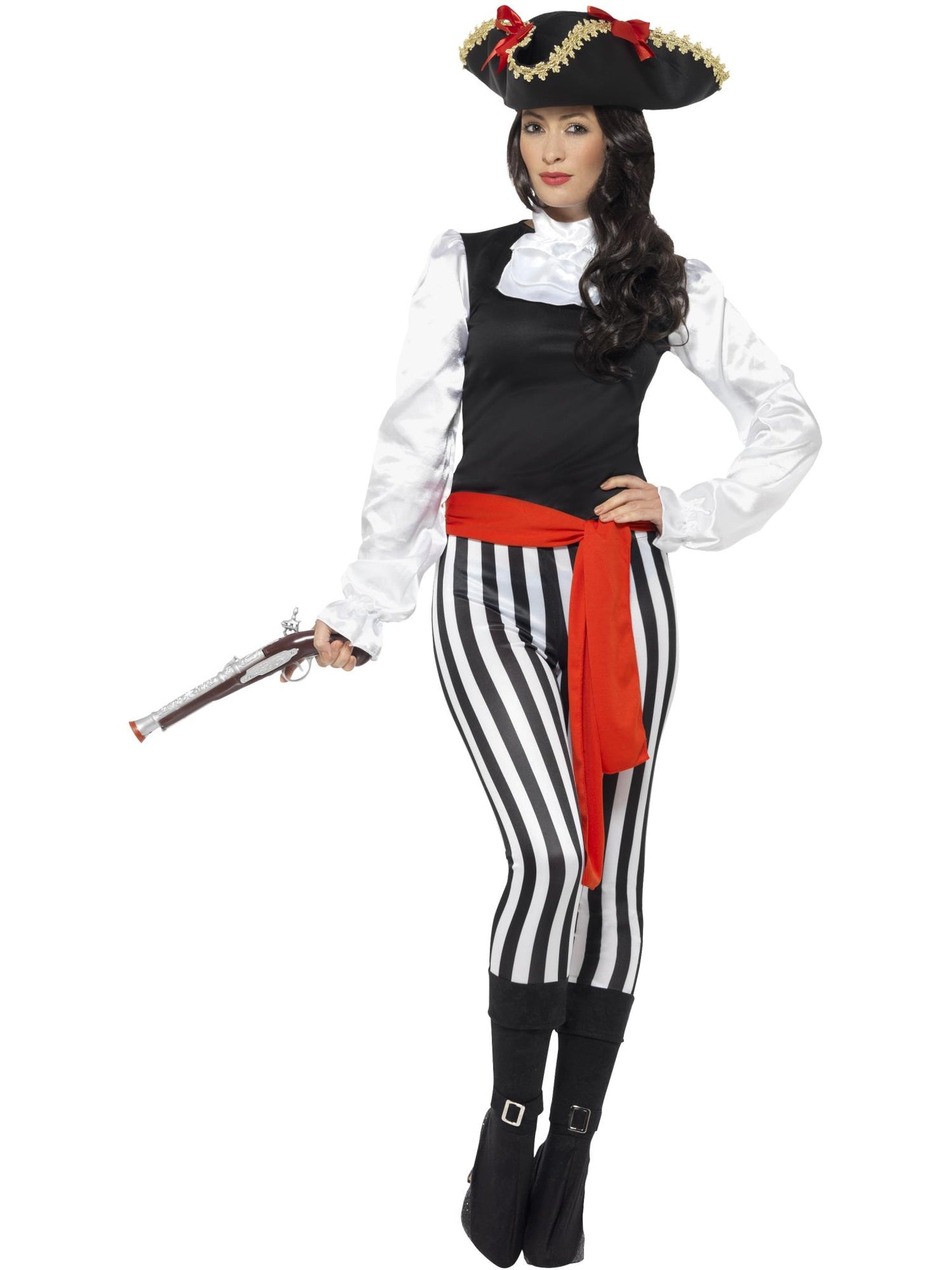 Piratenbraut-Kost?üm, mit Oberteil, Schwarz, Hose, befestigte Stiefelüberzieher, Halskrause und Gü?rtel