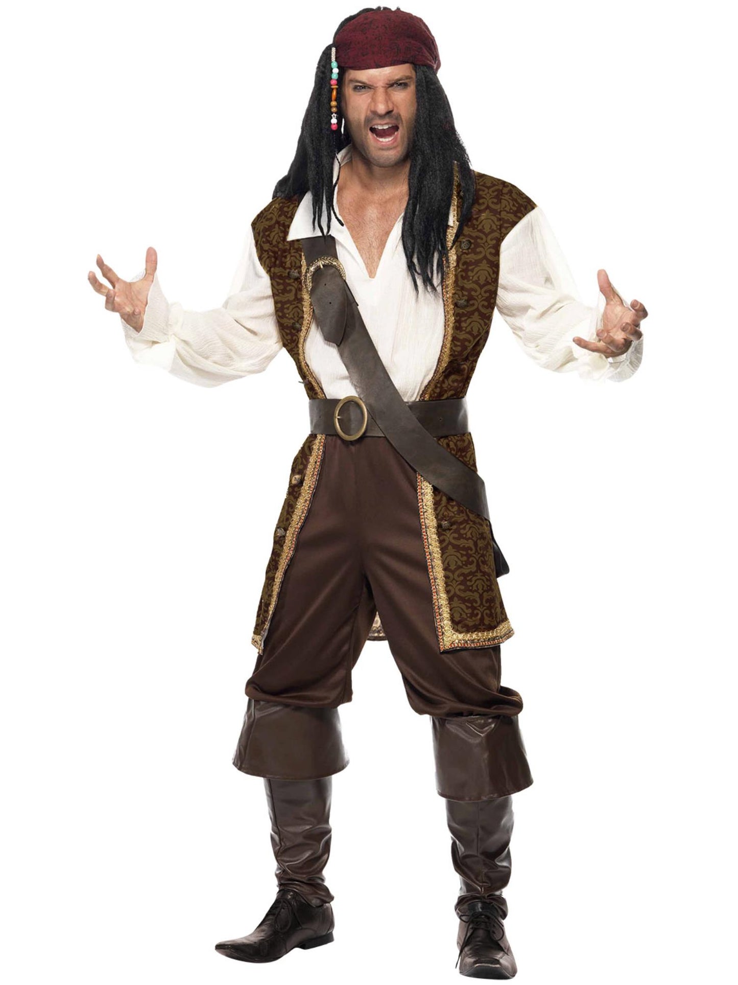 Disfraz de pirata de alta mar, marrón, con top, pantalones cortos, tahalí, cinturón y pañoleta para la cabeza