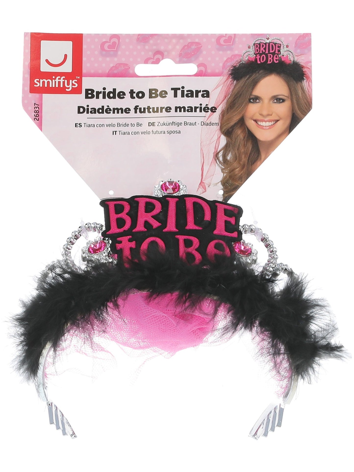 Tiara con velo Bride to Be, negro, con impresión en rosado