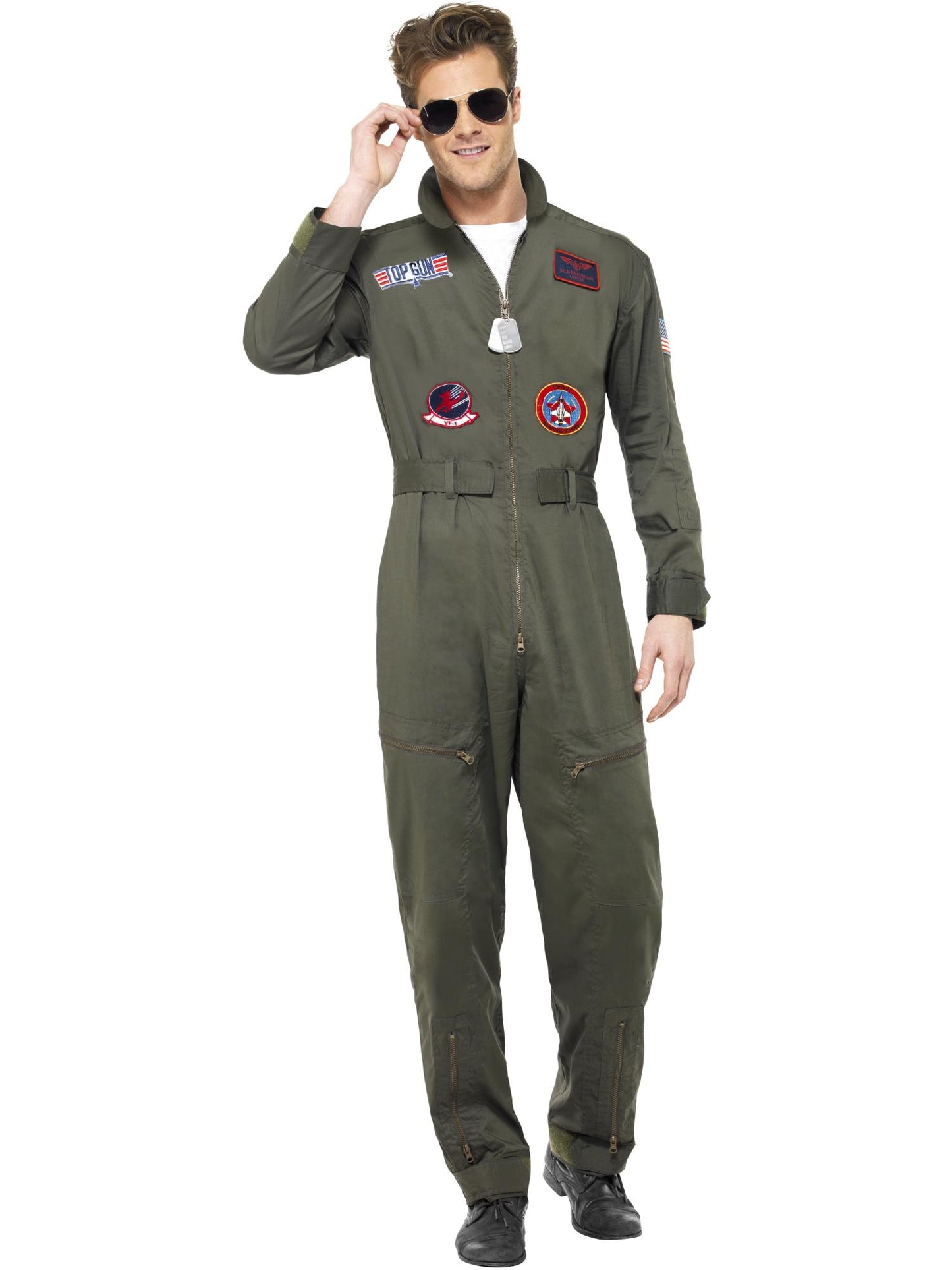 Costume deluxe homme Top Gun, Vert, avec combinaison-pantalon, plaque d'identification et lunettes de soleil