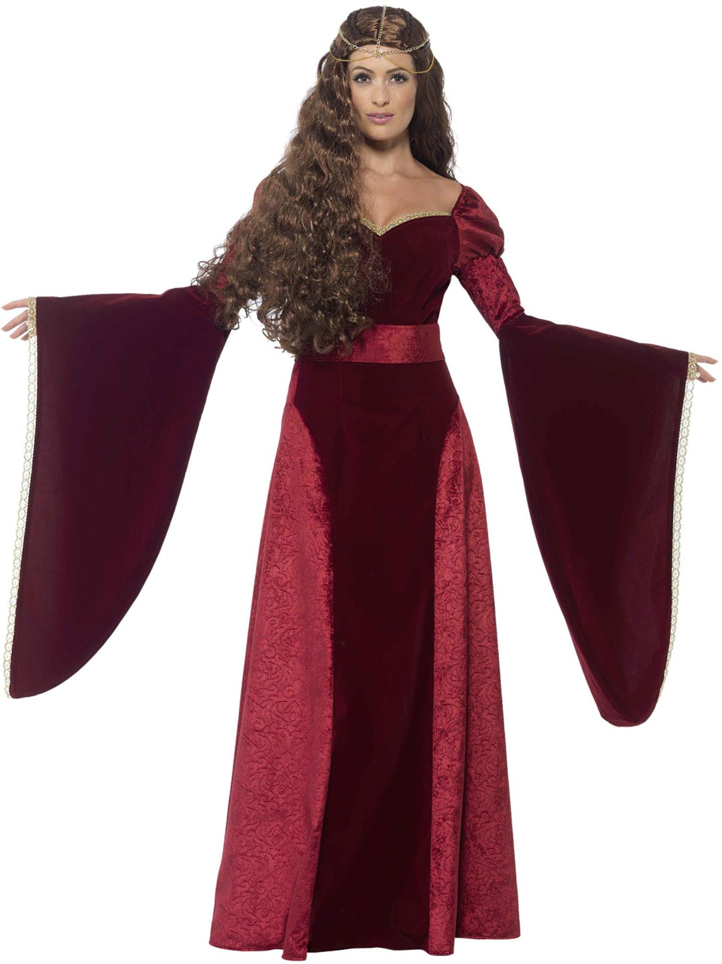Mittelalterliche Königin Deluxe Kostüm, Rot, mit Kleid, Gürtel Kopfbedeckung