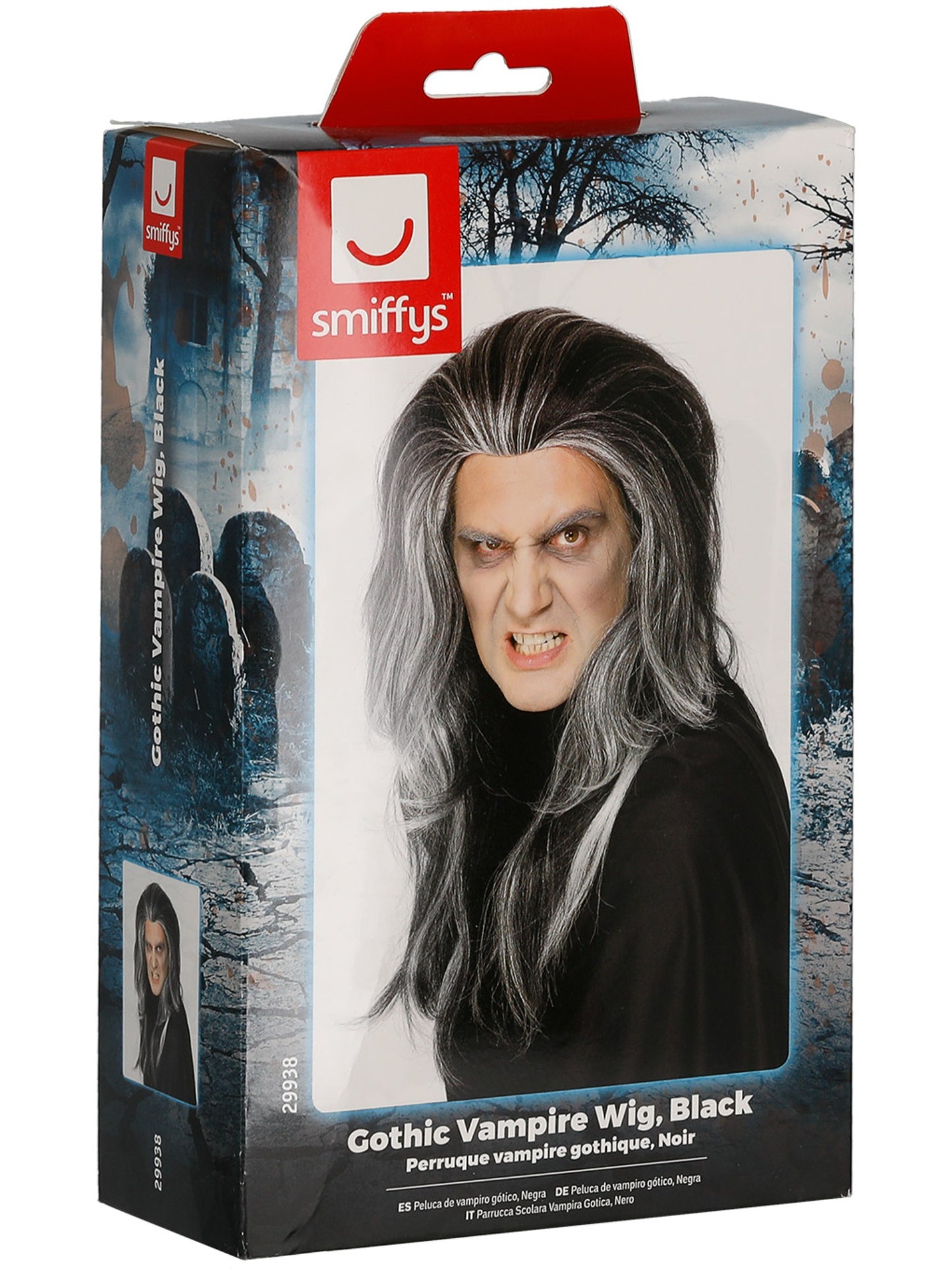 Perruque vampire gothique, Noir, Longue avec des mèches blanches