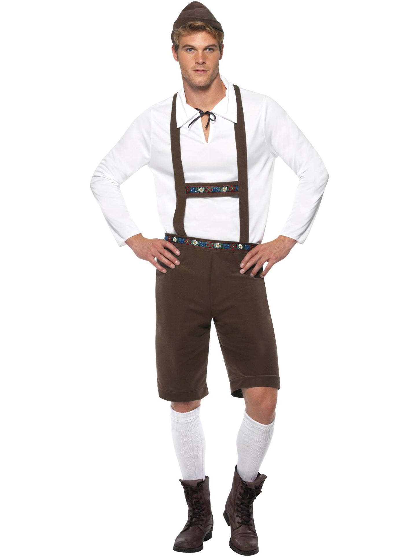 Bayerischer Mann Kostüm, Braun, mit kurzen Lederhosen, Hosenträgern, Oberteil & Hut