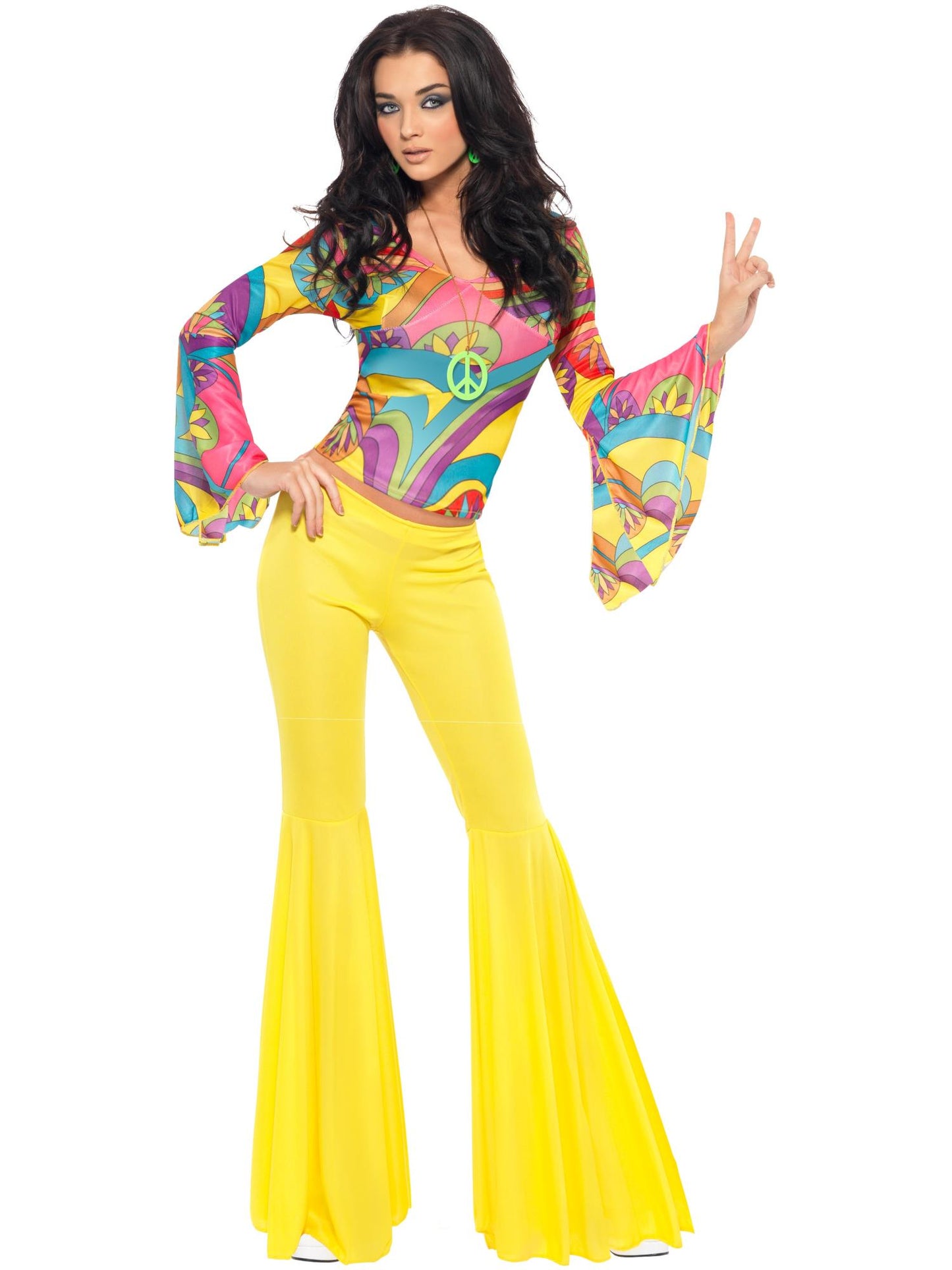 Disfraz de chica guay de los 70, con top y pantalones de campana