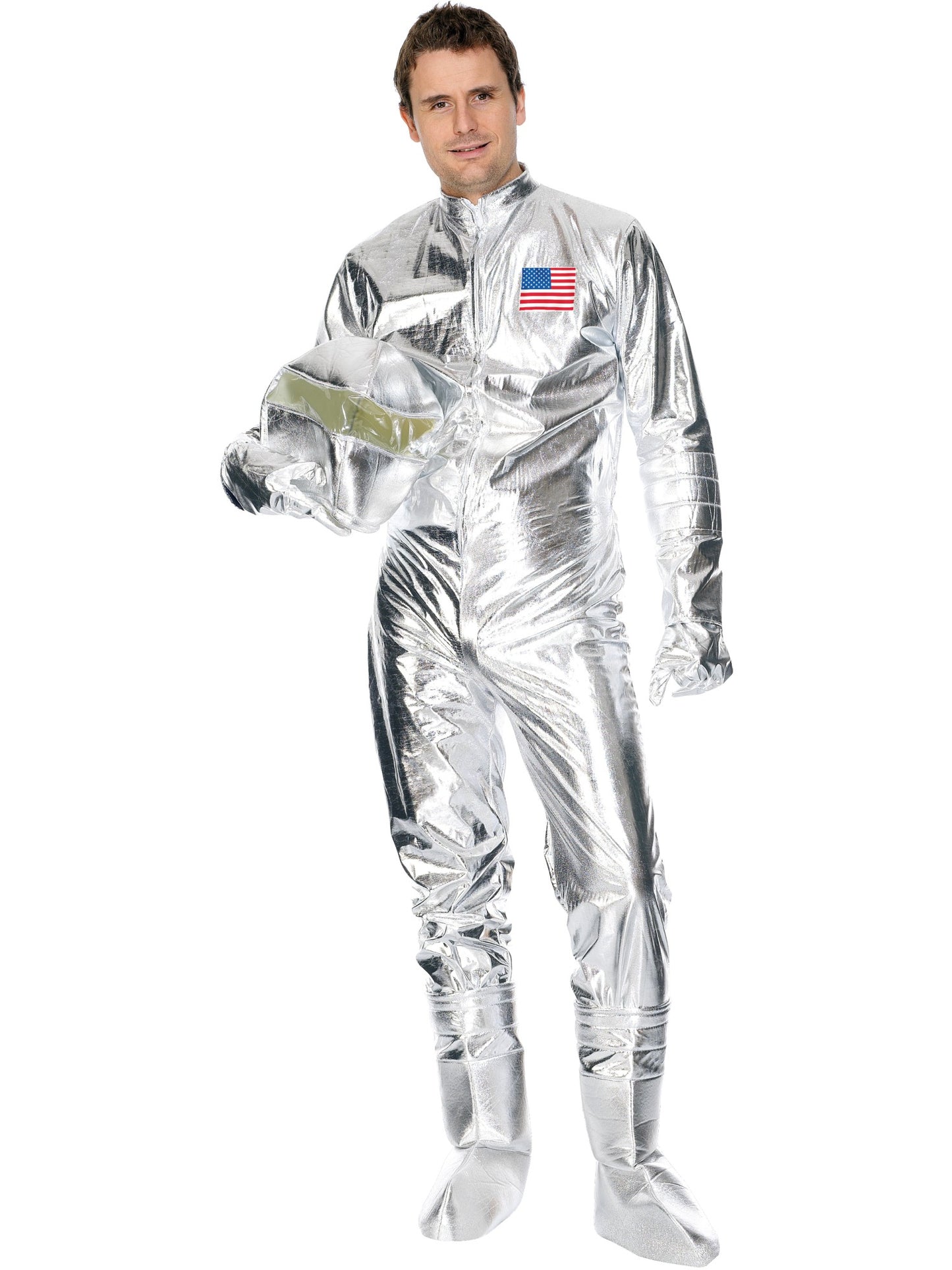 Costume homme de l'espace, argent, avec combinaison pantalon, capuche, gants et surbottes