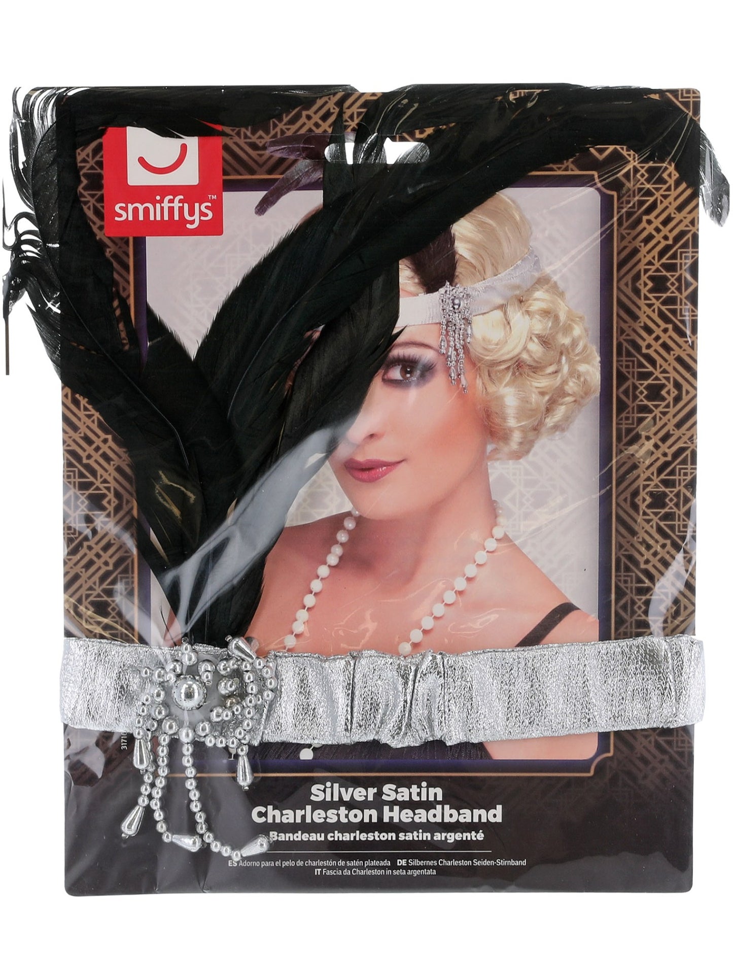 Silbernes Charleston Seiden-Stirnband, mit schwarzer Feder und Juwel