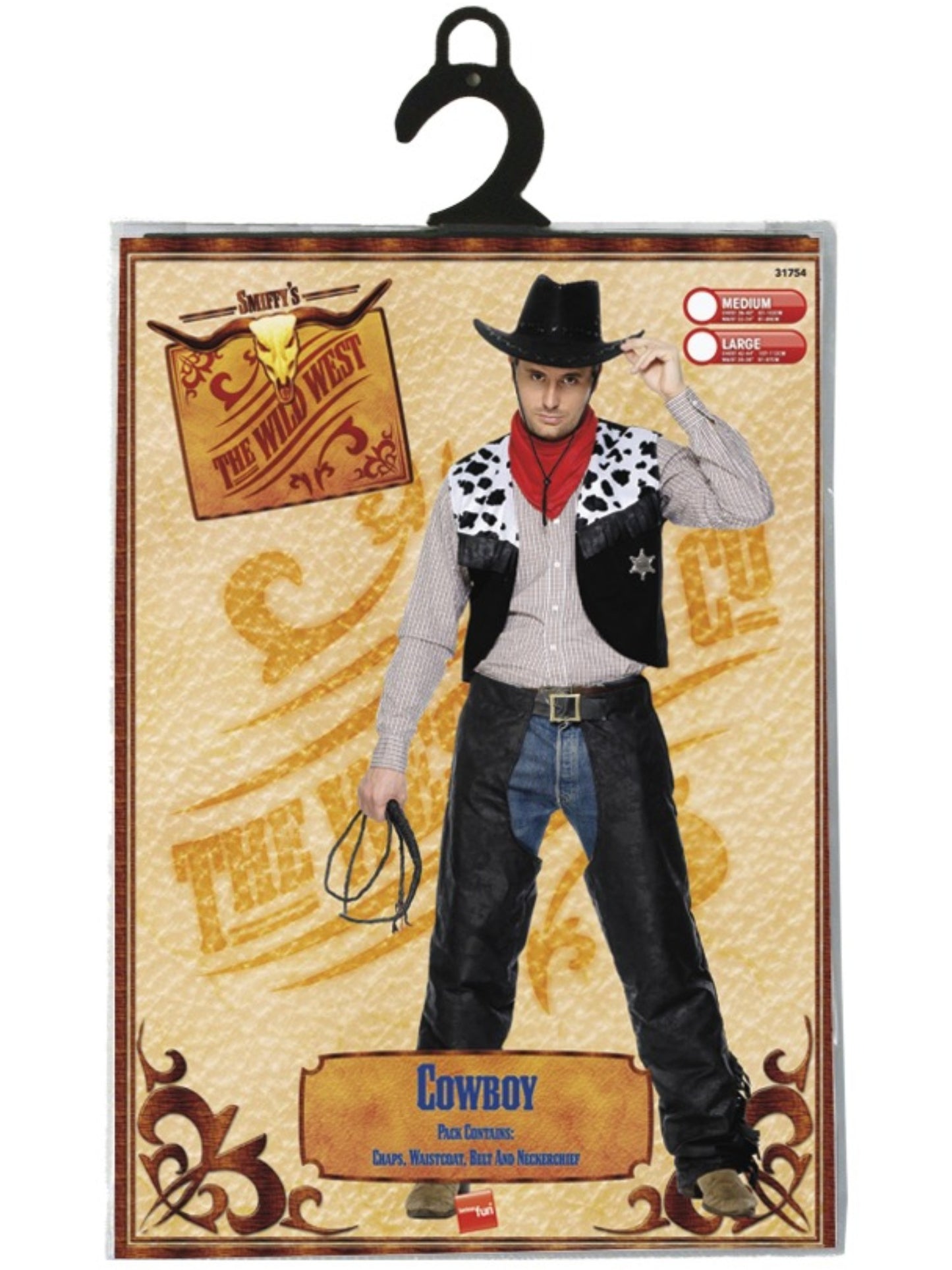 Cowboy Kostüm, Schwarz, mit Chaps, Weste, Gürtel und Halstuch