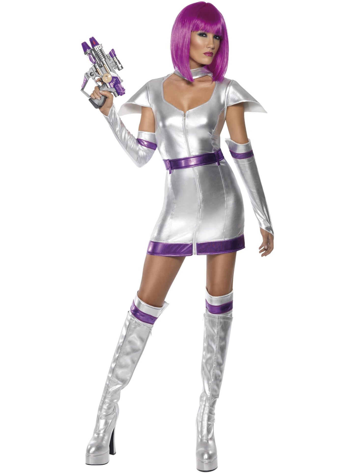 Disfraz Fever de cadete del espacio, con vestido, cinturón, muñequeras y cubrebotas