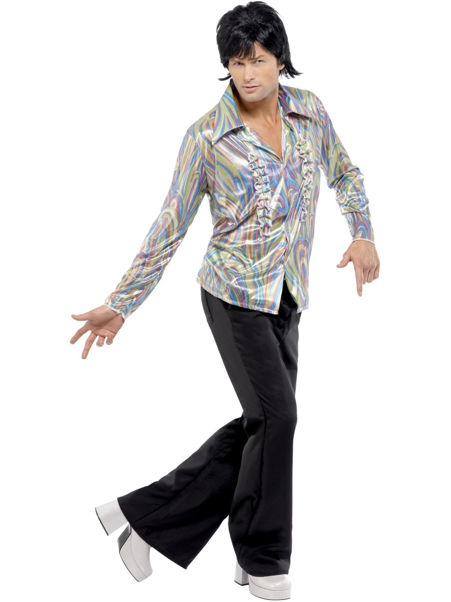 Costume rétro des années 70, noir, avec motif psychédélique, chemise et pantalon évasé