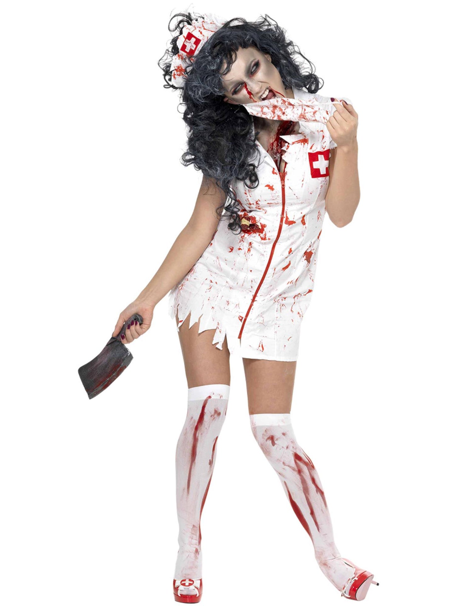 Zombie-Krankenschwester-Kostüm, weiß, mit Kleid mit Latexwunde, Maske und Kopfbedeckung