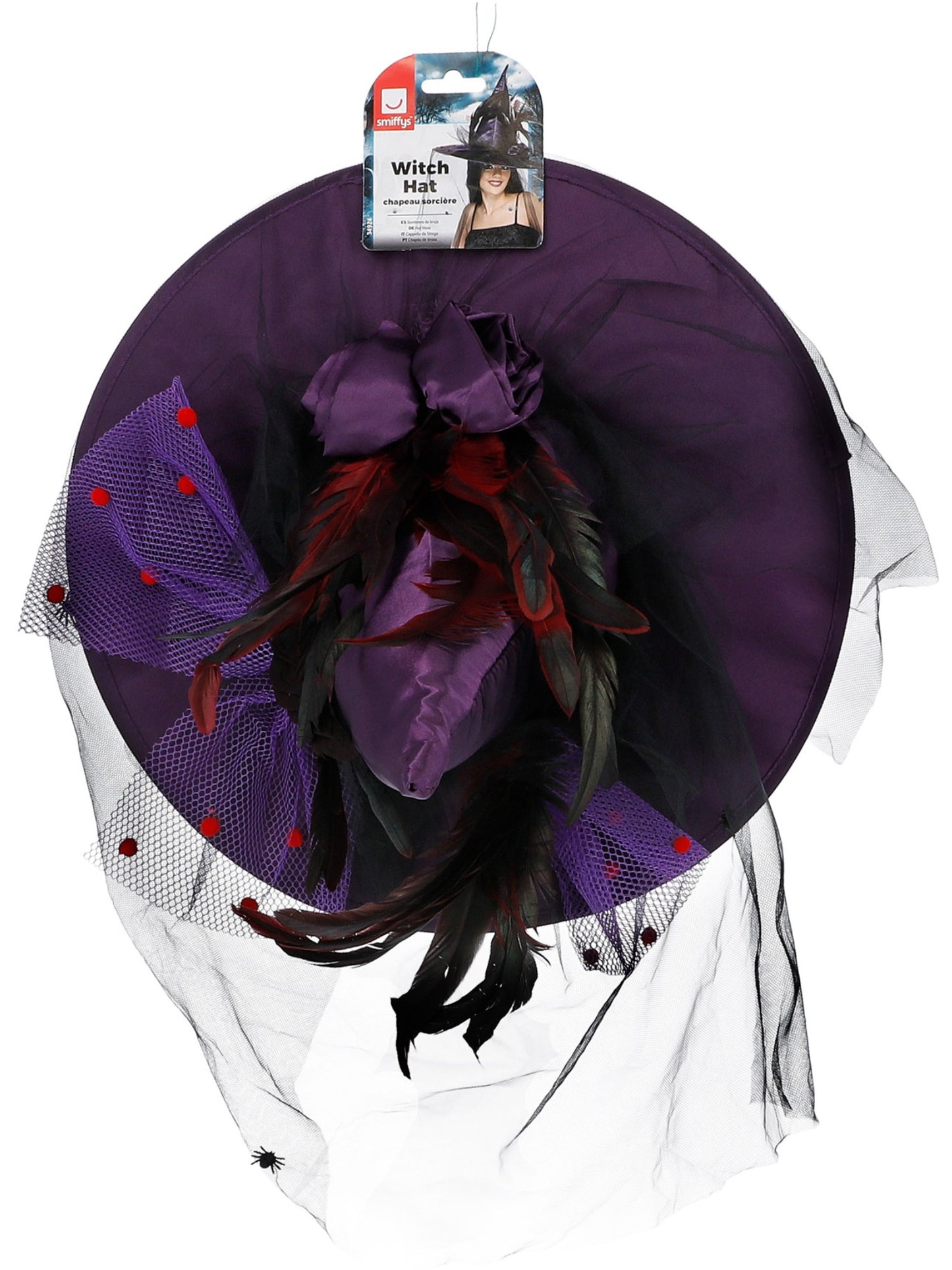 Sombrero de bruja, Morado, con plumas y tul, de lujo