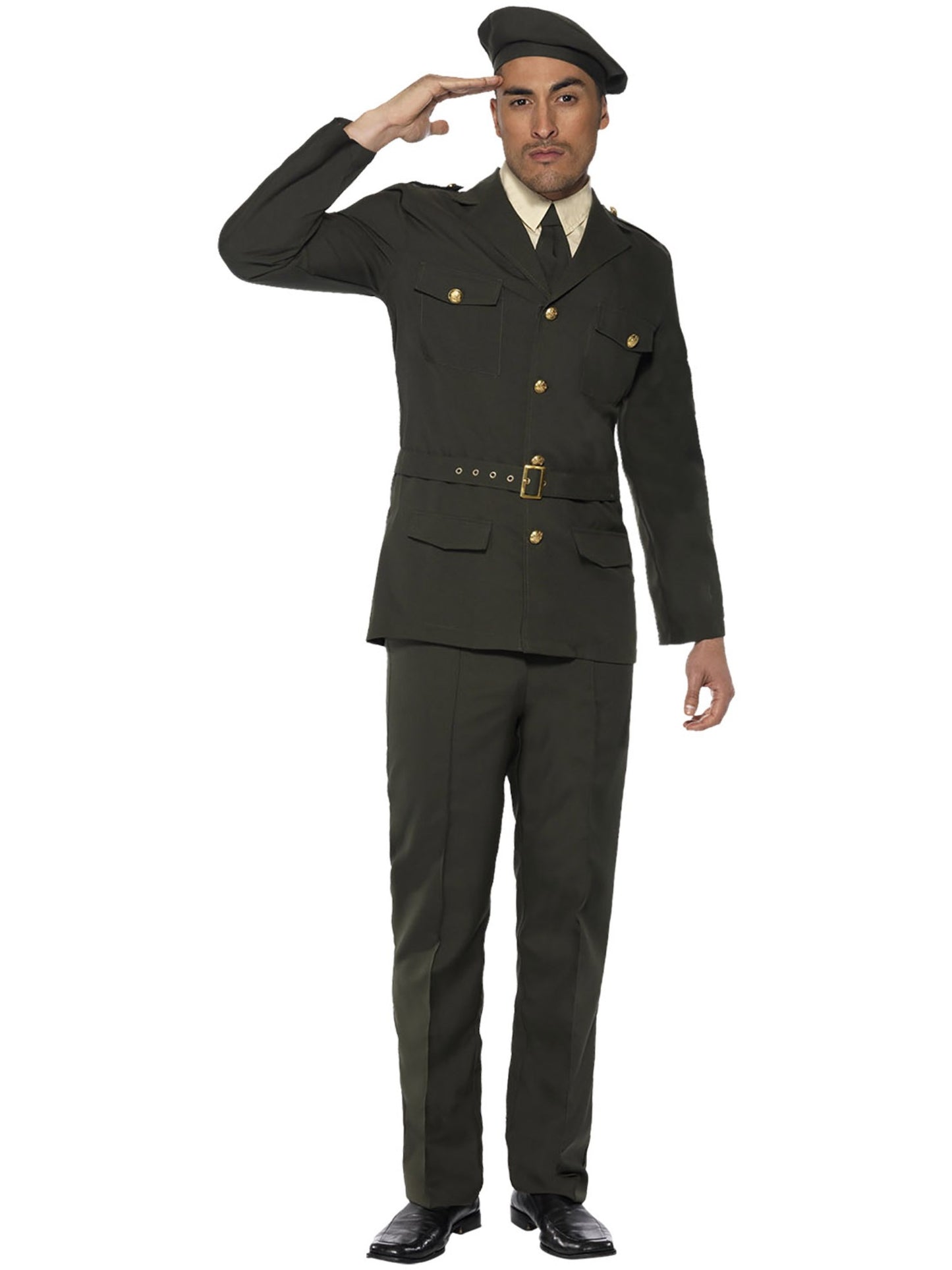 Oficial de guerra, verde, gorra, corbata, pantalones, cinturón y chaqueta