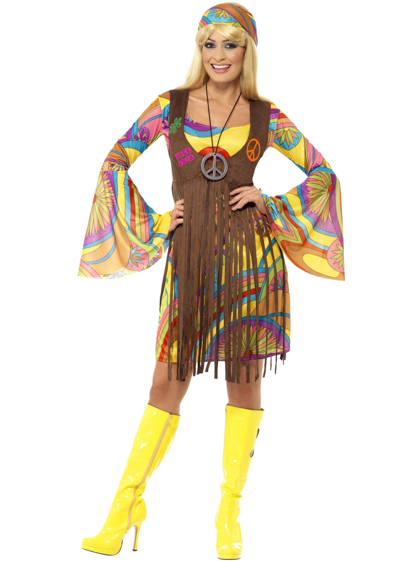 60er Schicke Lady, mit Kleid, gedruckter Weste und Stirnband