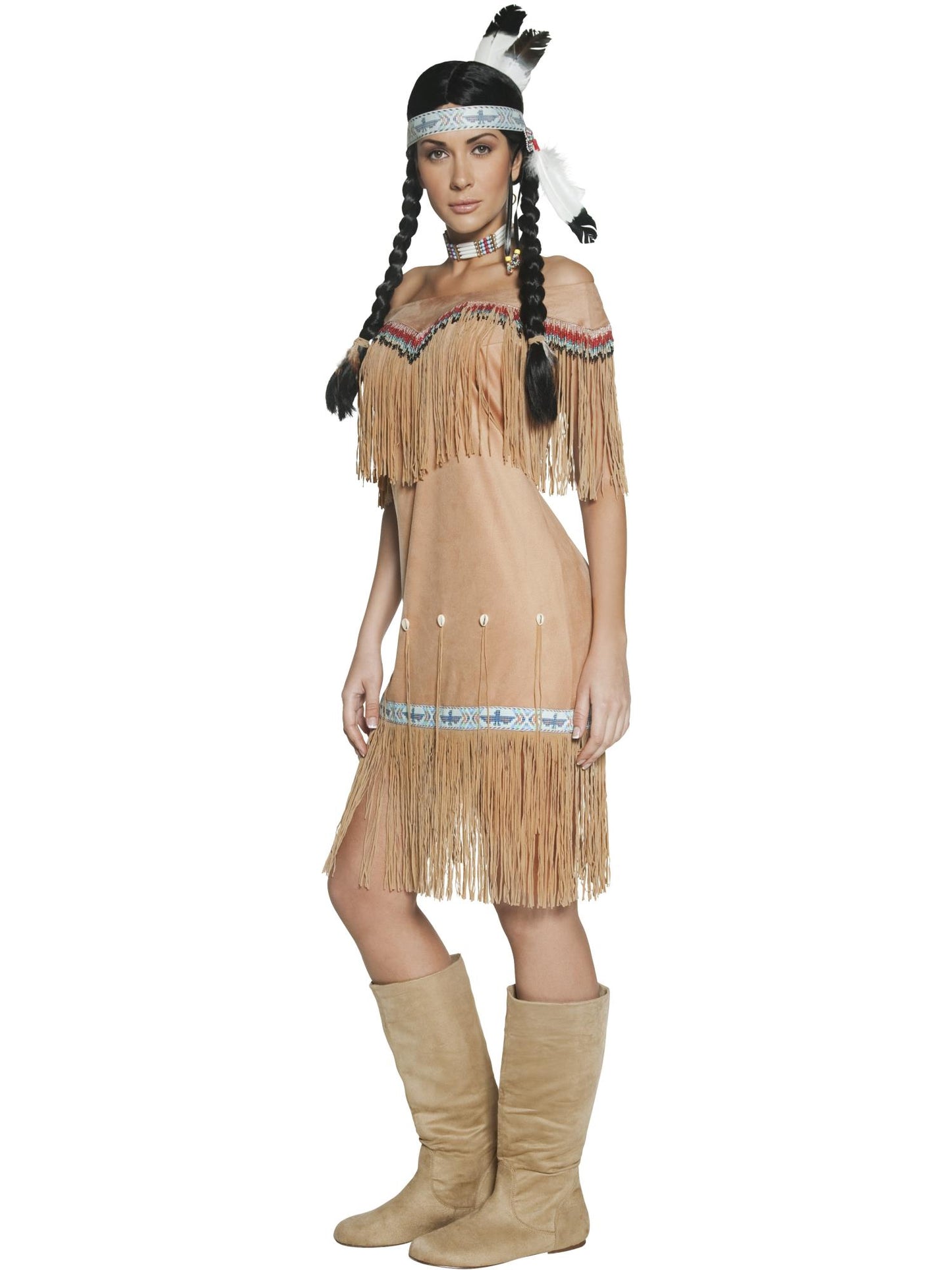 Deluxe Indianer-Kostüm von amerikanischen Ureinwohnnern inspiriert, für Frauen, beige mit Kleid und Fransen