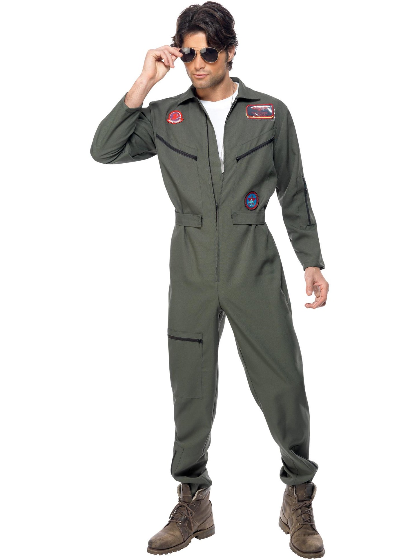 Disfraz de Top Gun, Verde, con mono, placas de identificación y gafas
