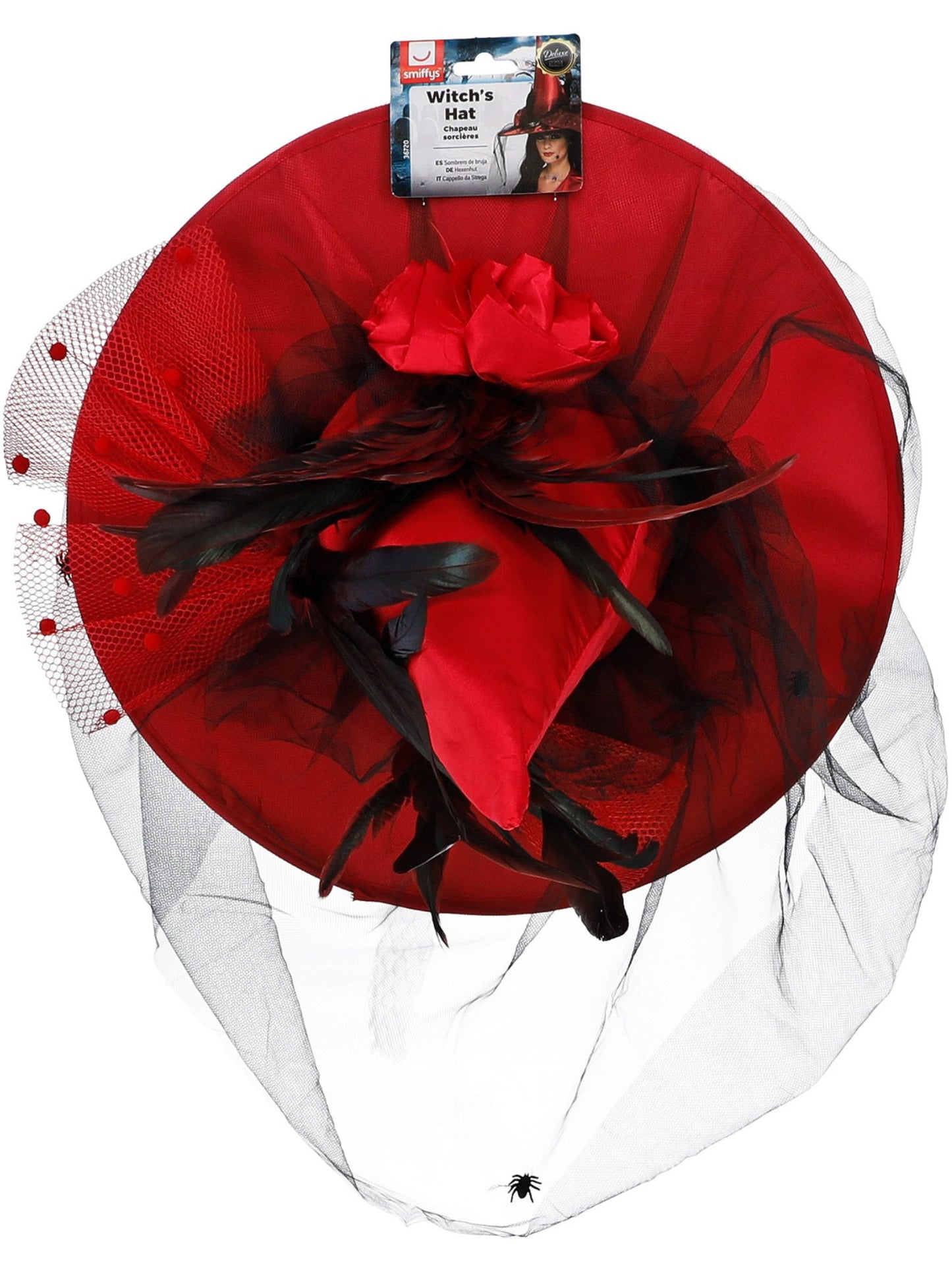 Chapeau sorcière, Rouge foncé, avec plumes & tulle, deluxe