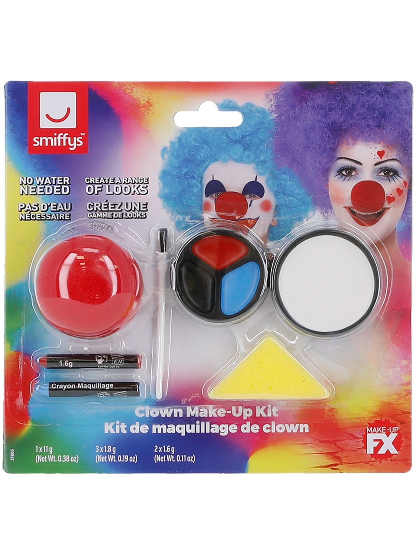 Maquillage FX Smiffys, Kit de clown, comprend peinture du visage, nez, crayons et éponge