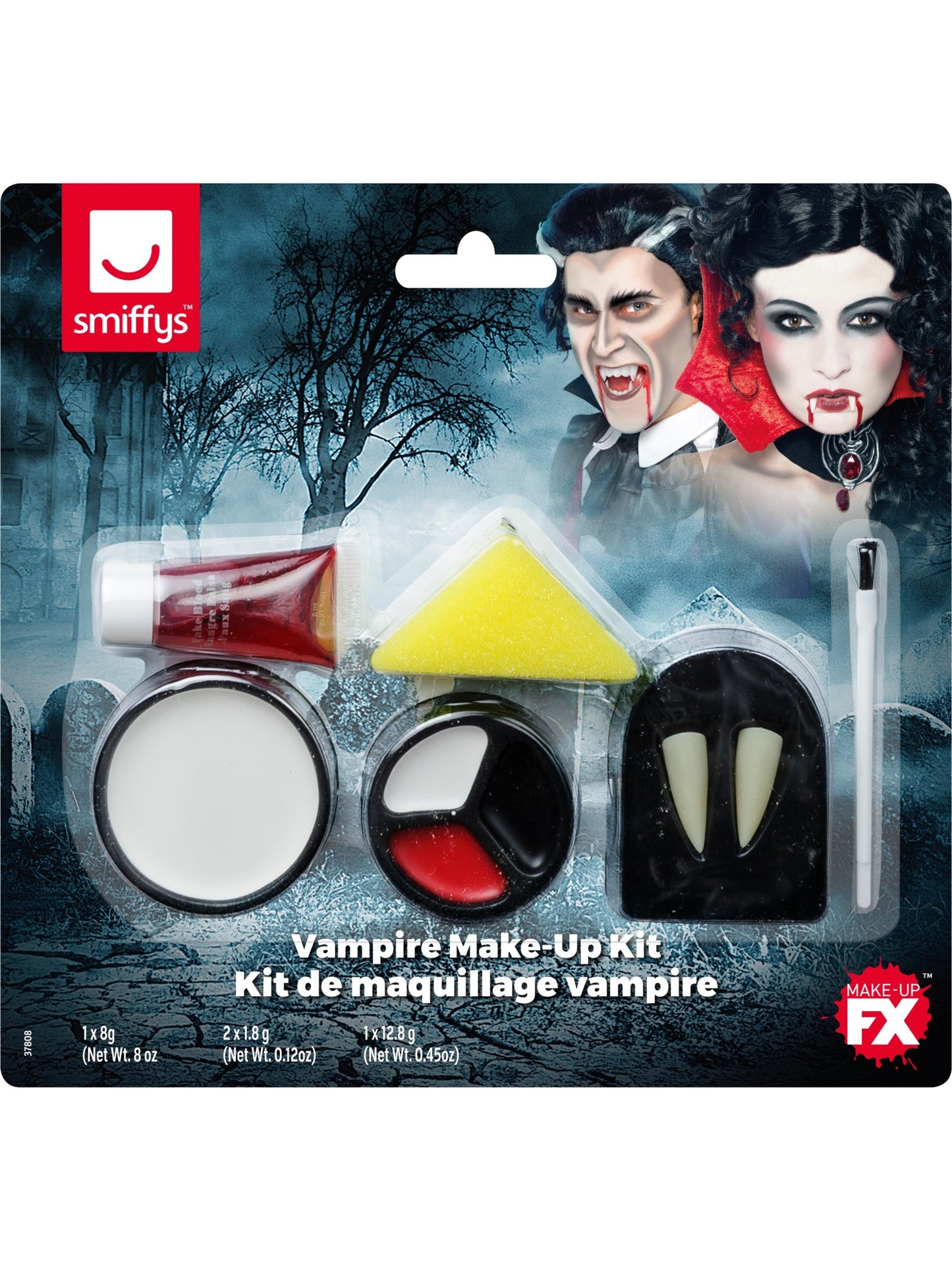 Kitde maquillage vampire, avec crocs, éponge, peinture du visage et sang en tube