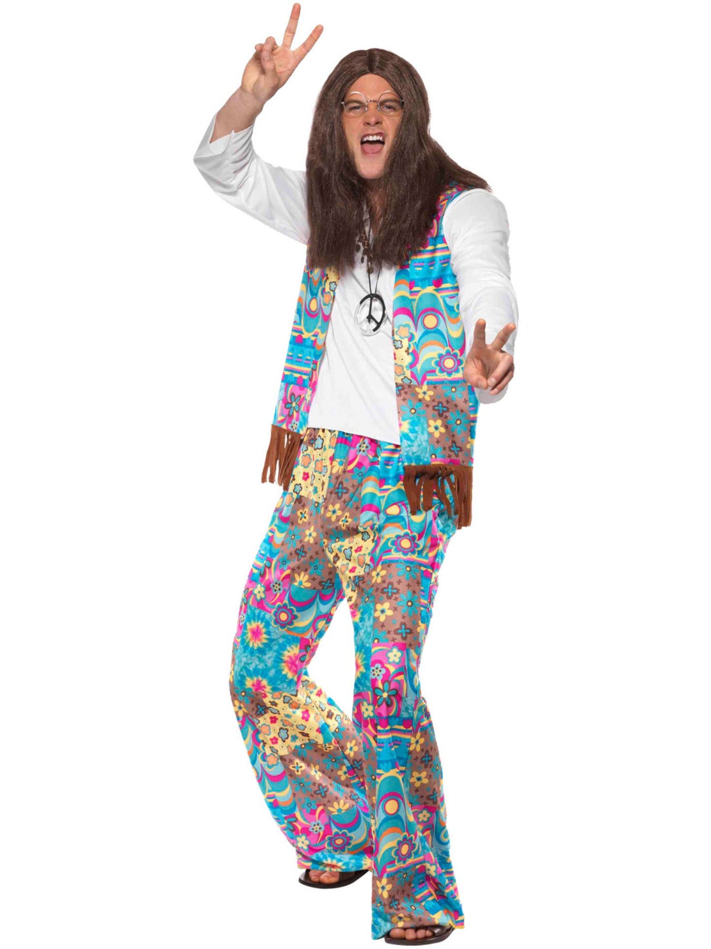 Schicker Hippie Kostüm, Oberteil mit angesetzter Weste, Hose und Haarband