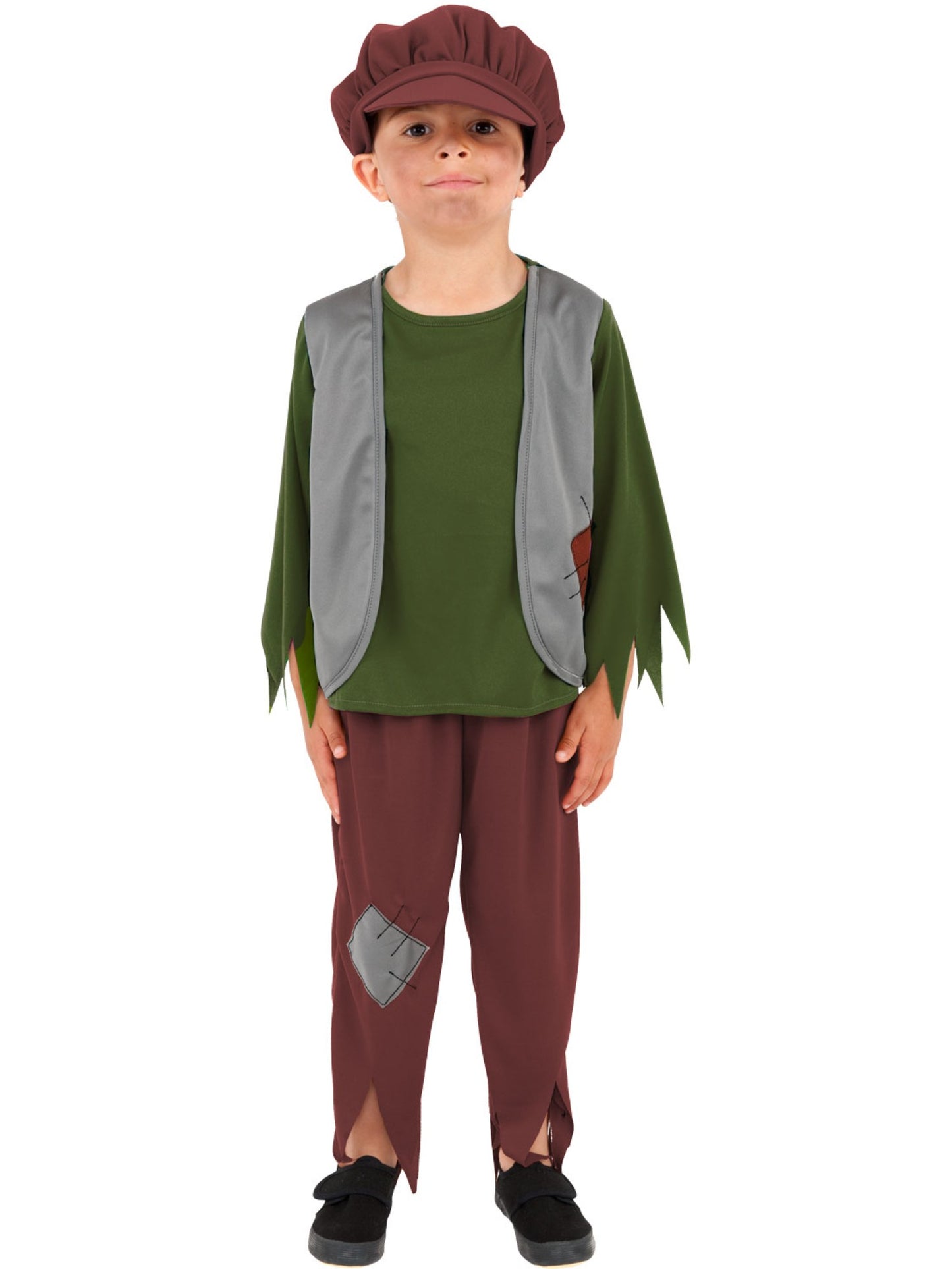 Disfraz de niño victoriano pobre, Verde, con parte de arriba, pantalón y gorro