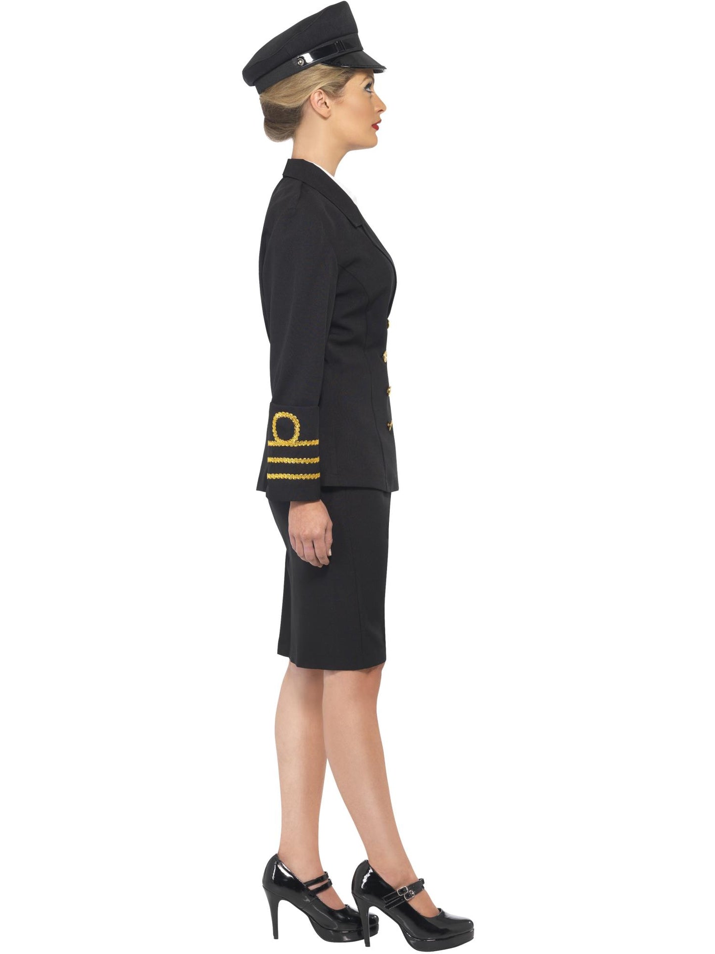 Marine Offizier Kostüm, Schwarz, mit Jacke, Rock, vorgetäuschter Bluse & Kopfbedeckung