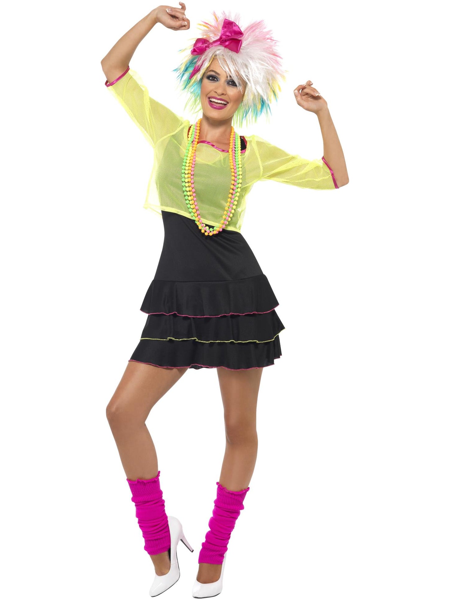 Disfraz de chica años 80, Negro y amarillo, con parte de arriba, vestido y diadema