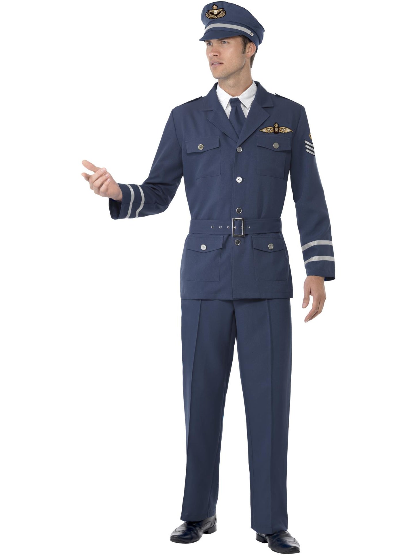 Disfraz de capitán de la Fuerza Aérea de la Segunda Guerra Mundial, azul, con pantalones, chaqueta, cinturón, sombrero y corbata