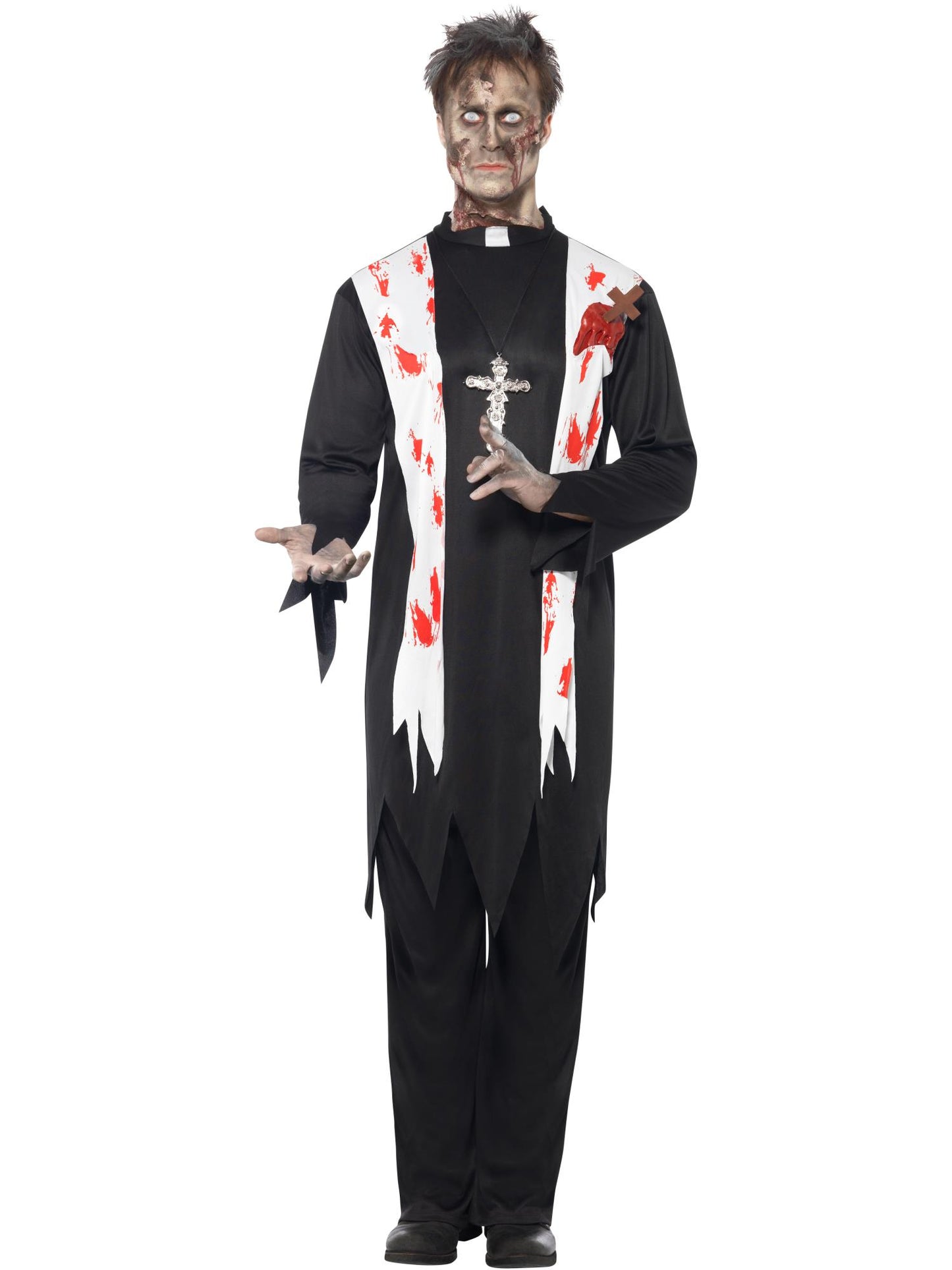 Costume prêtre zombie, avec haut sanglant, blessure latex, col & pantalon