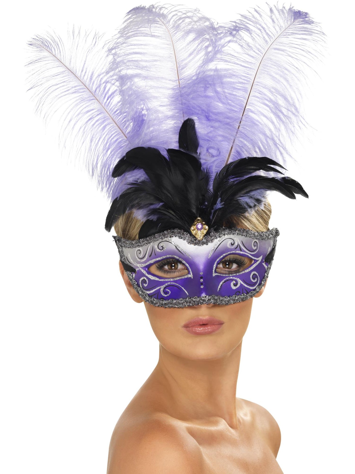 Venezianische Colombina Augenmaske mit mehrfarbigem Federbusch