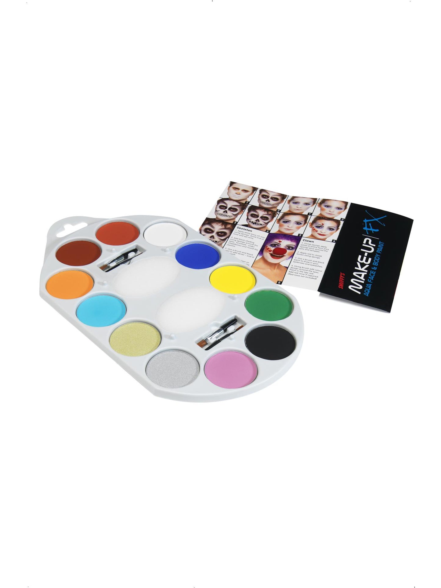 Maquillage FX Smiffys, peinture à l'eau pour le visage et le corps, Aqua,12 couleurs, y compris 4 x pinceaux, 2 x éponges et manuel, à base d'eau