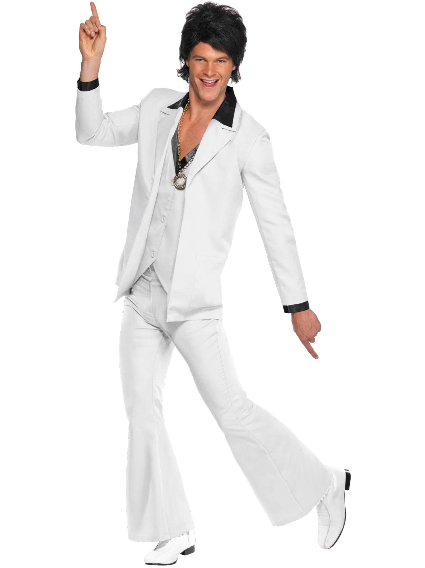 Costume des années 70, blanc, veste avec fausse chemise, gilet et pantalon