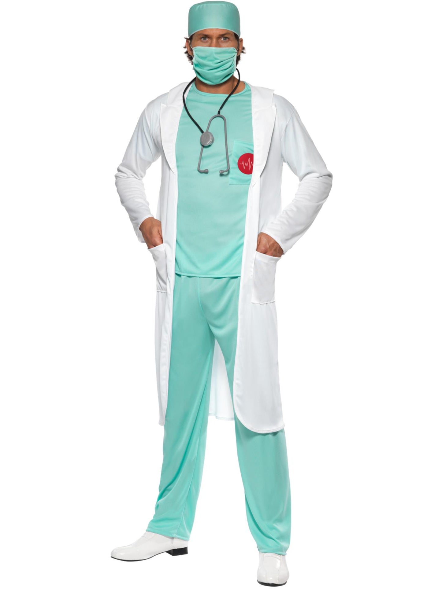 Doktor Kostüm, mit Oberteil, Hose, Haube, Mundschutz, Klarem Namensschild und Kittel