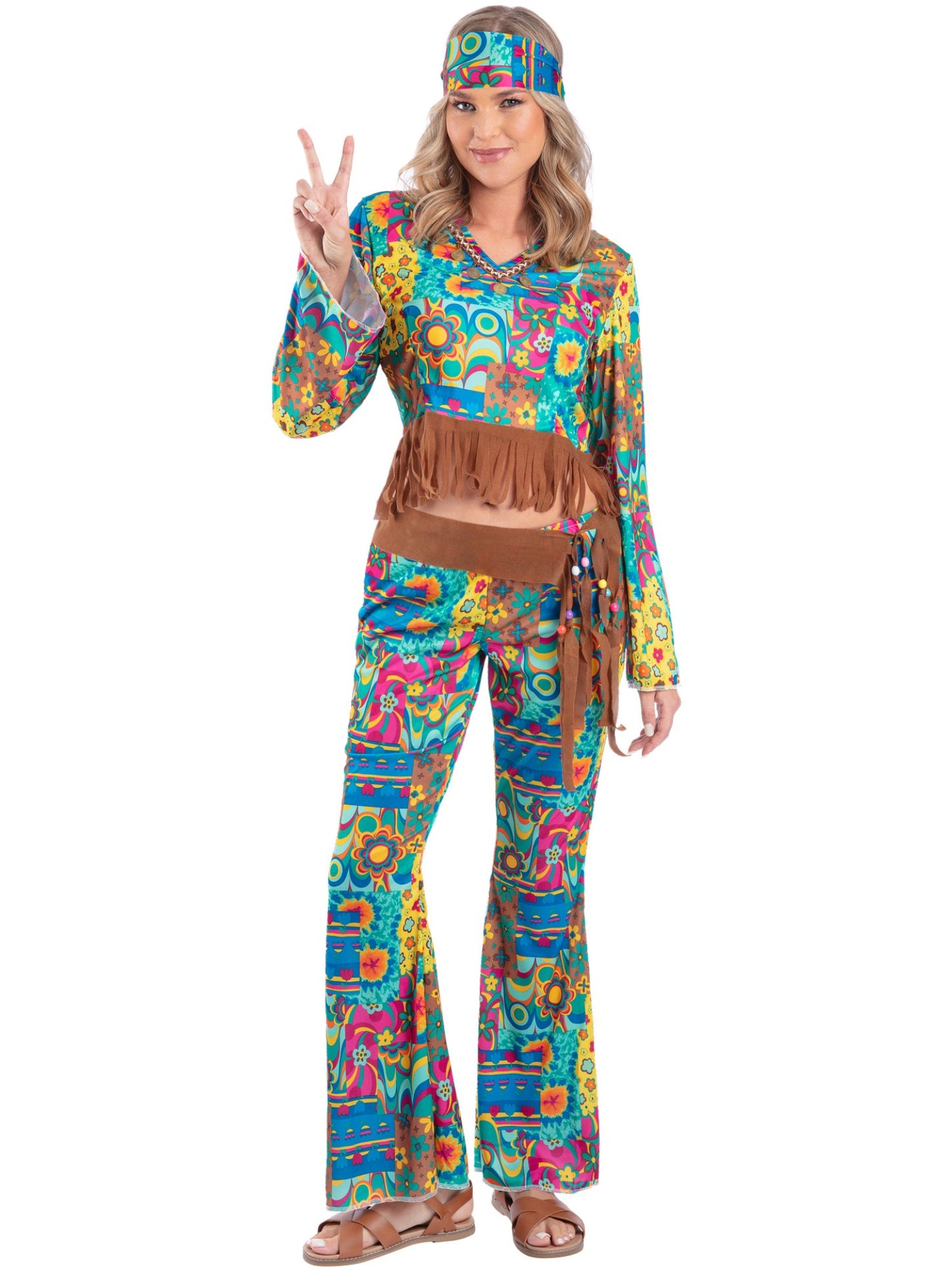 Flower Power Hippie Kostüm, Mehrfarbig, mit Oberteil, Hose, Haarband und Gürtel