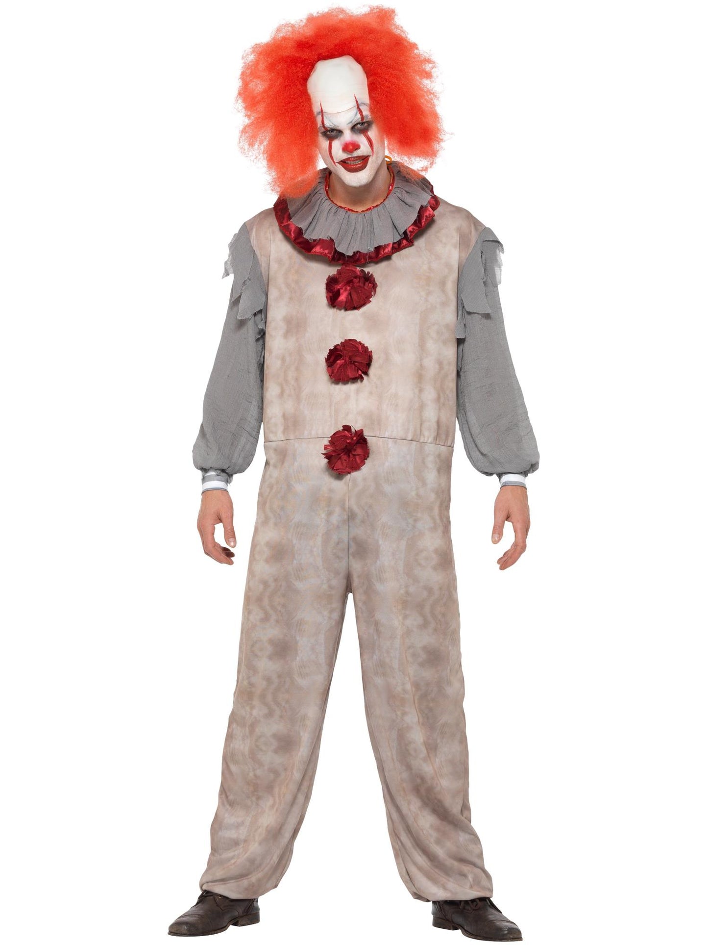 Déguisement de clown vintage, Gris et rouge, avec combinaison et collerette