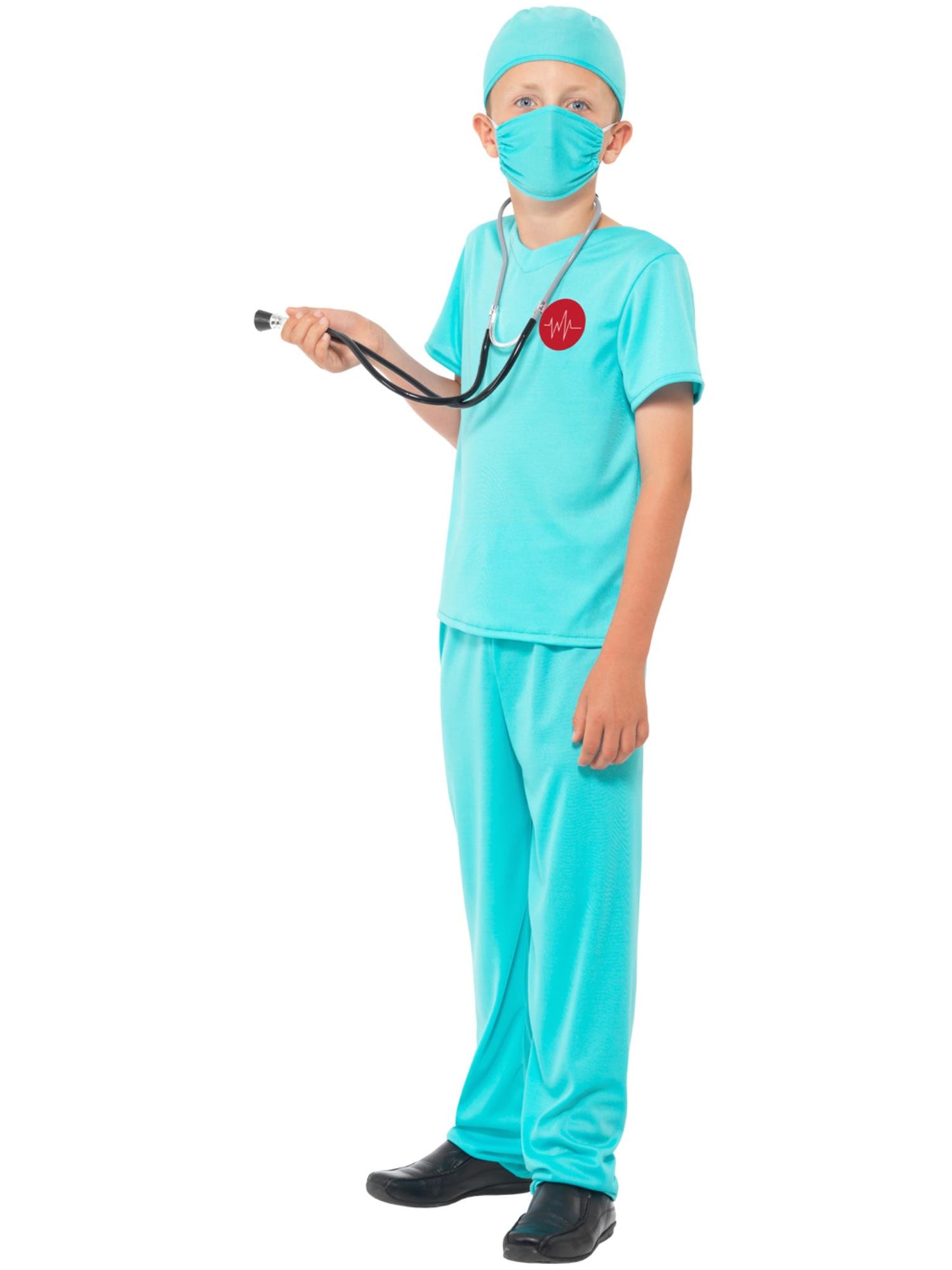 Chirurg Kostüm, Blau, Oberteil, Hose, Mütze, Maske und Stethoskop